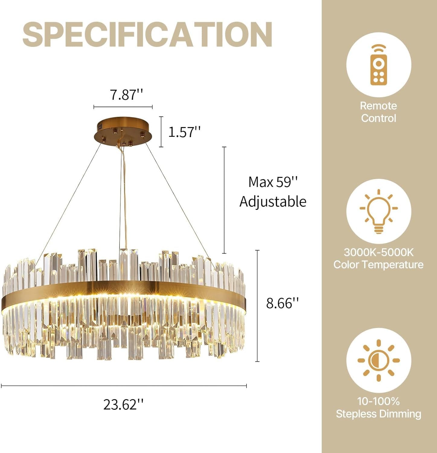 Gold 23.6 Inch Contemporary Led Crystal Chandelier-1