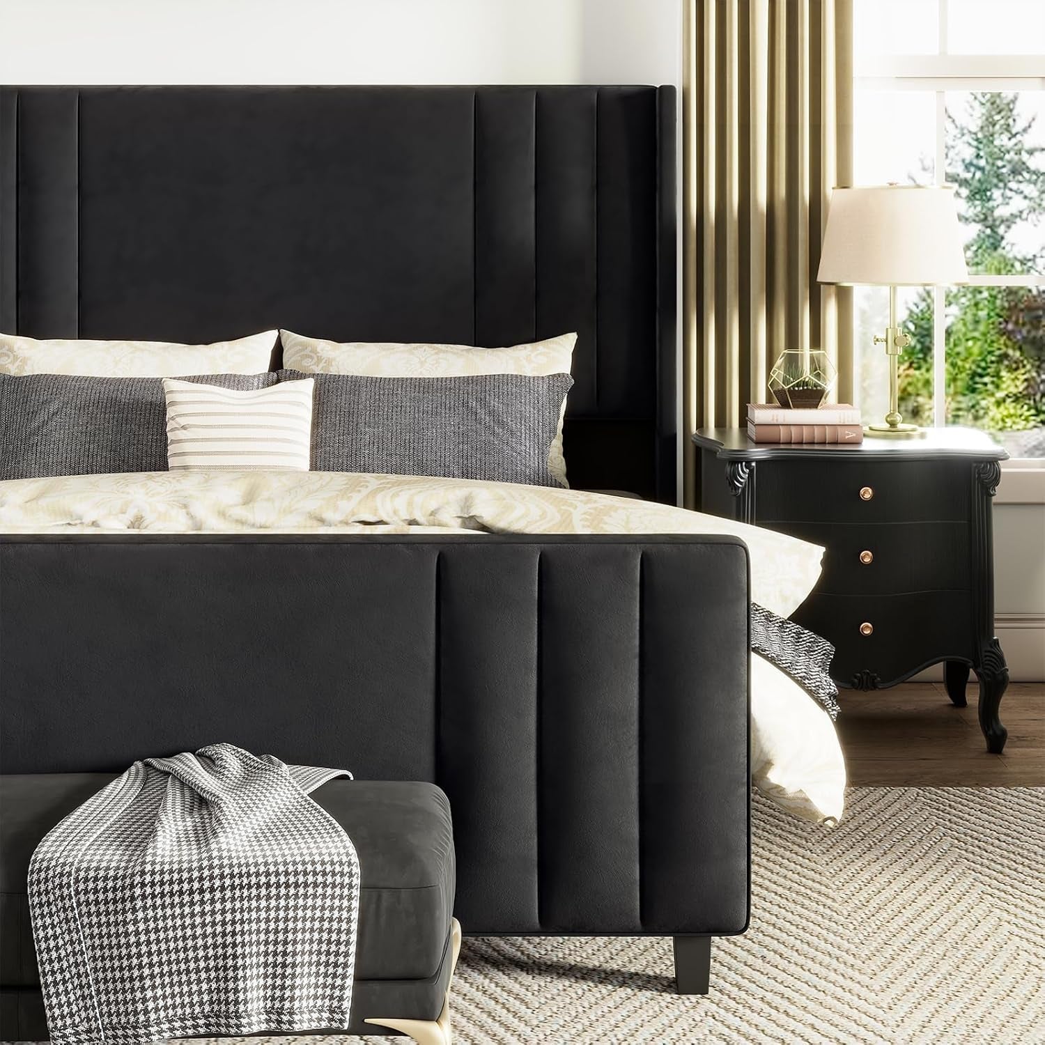 Velvet Queen Platform Bed Frame With Tufted Black Headboard