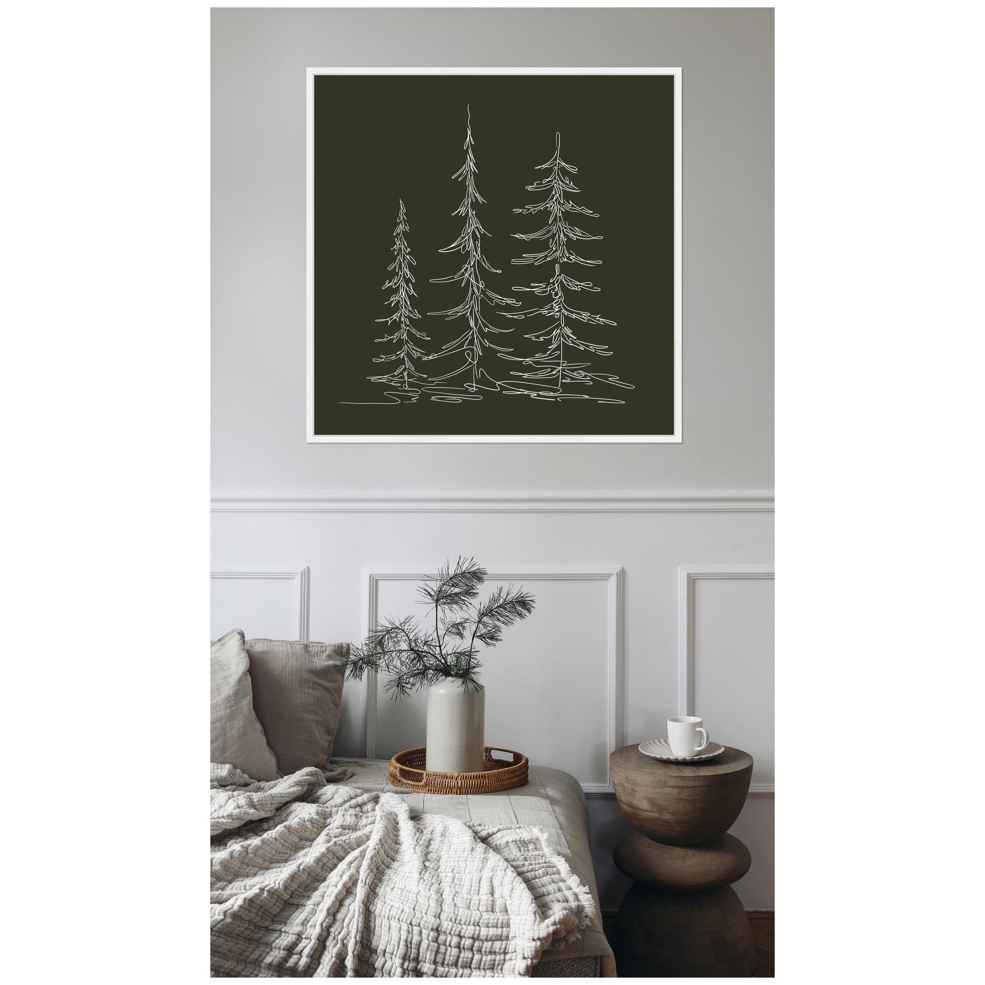 Sylvie Framed Canvas Minimalist Evergreen Trees Sketch Green by The Creative Bunch Studio