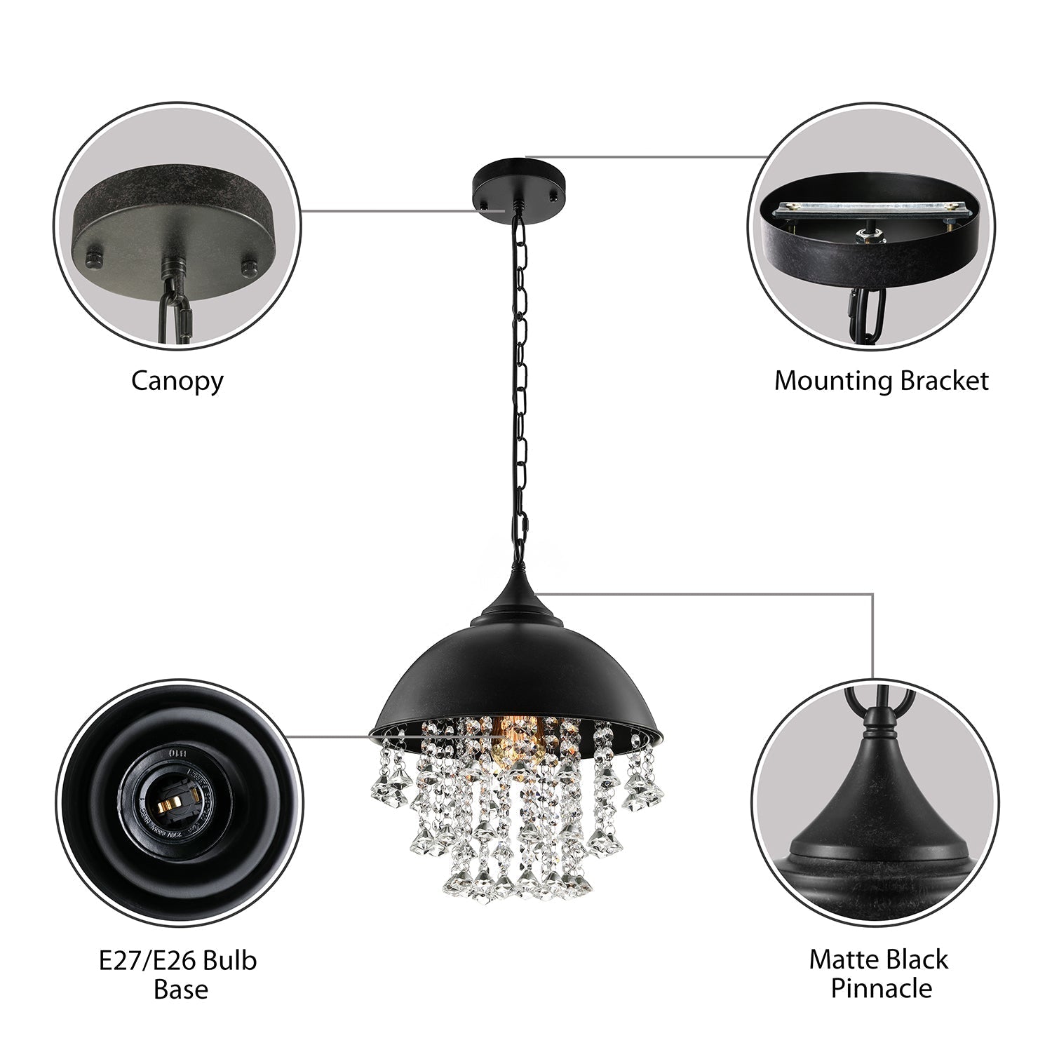 Harlow - Glamorous Industrial Pendant Light with Crystal Accents (1-Light)
