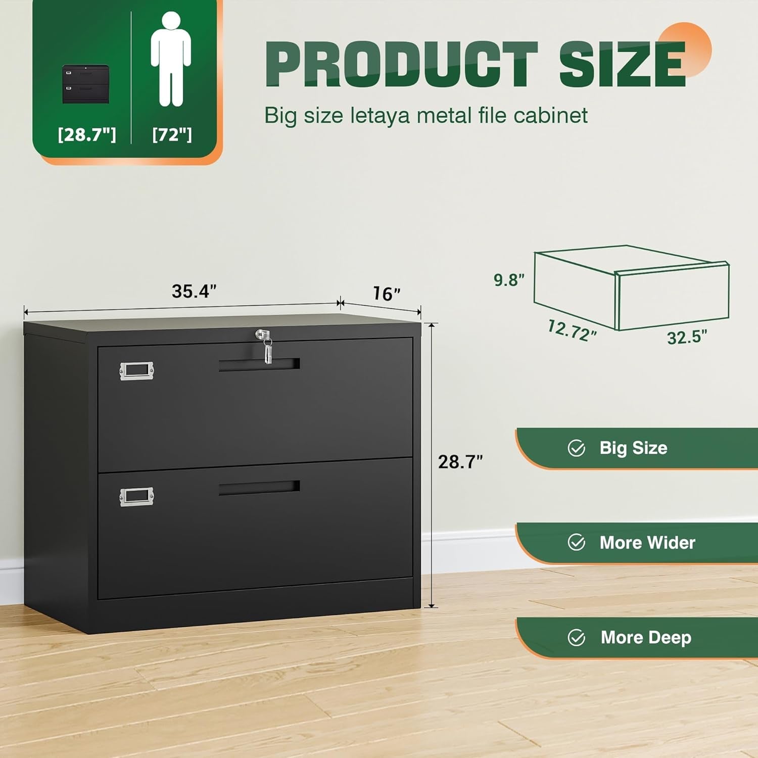Metal Lateral File Cabinet With Lock 2 Drawer Black Steel