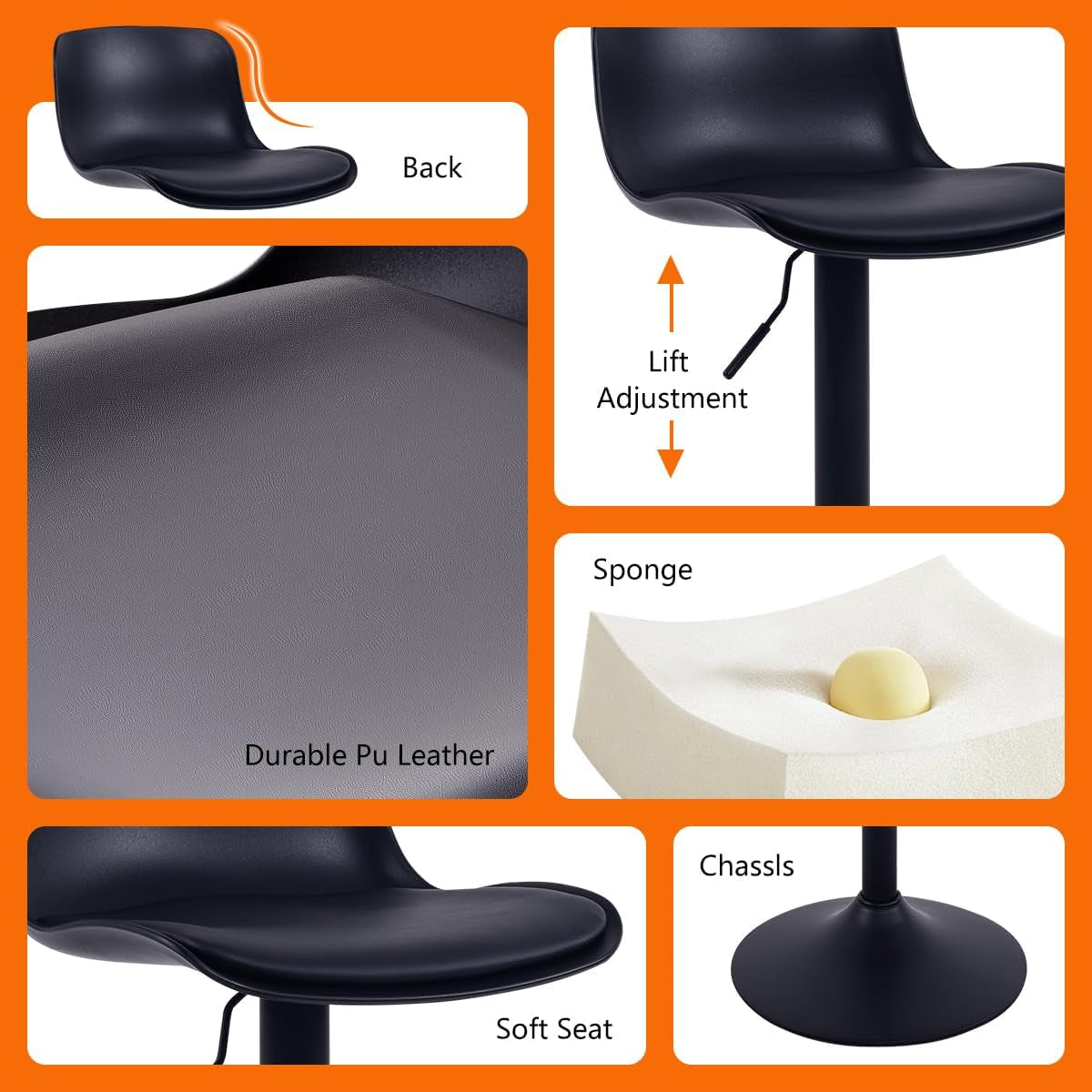 Adjustable Black Bar Stools Set of Two Modern