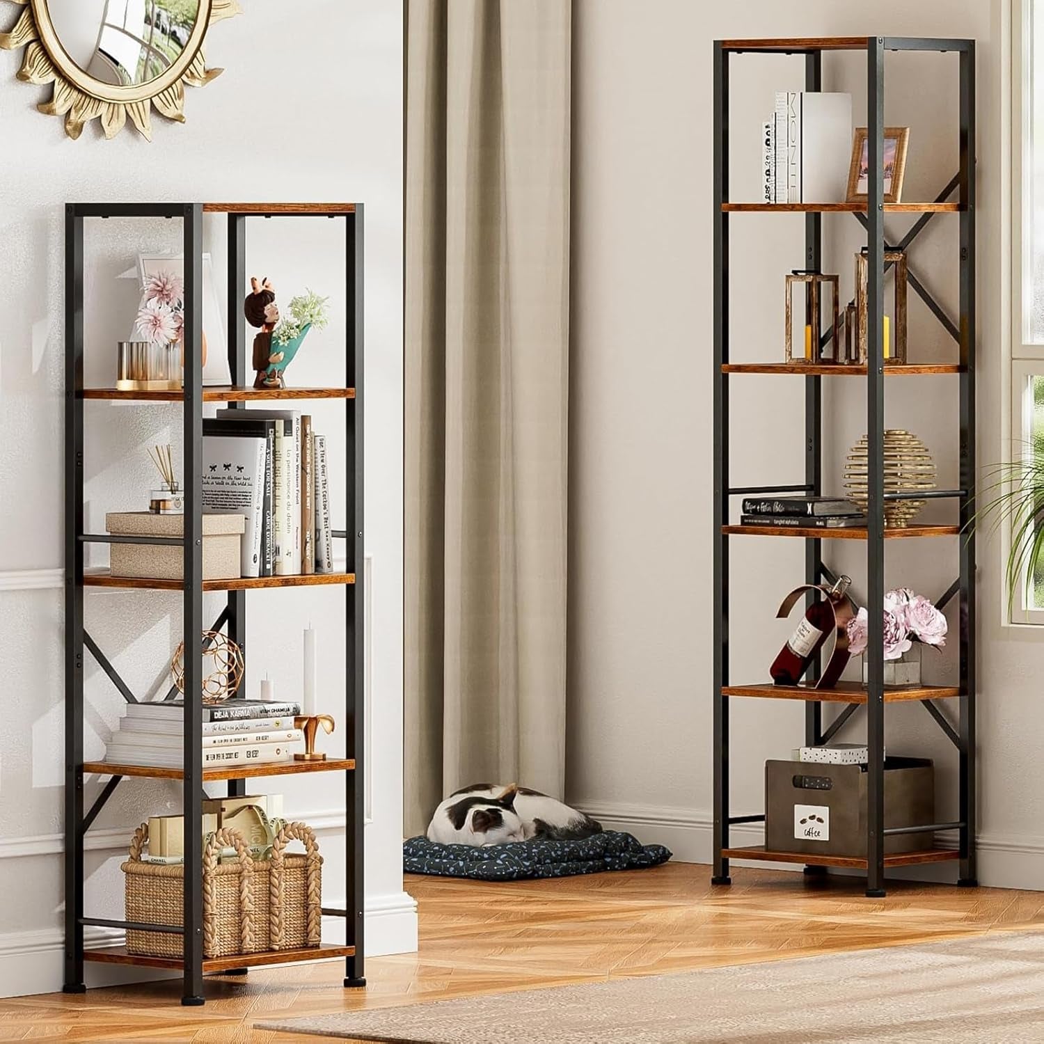 Tall Industrial Bookcase 6 Tier Rustic Brown Storage