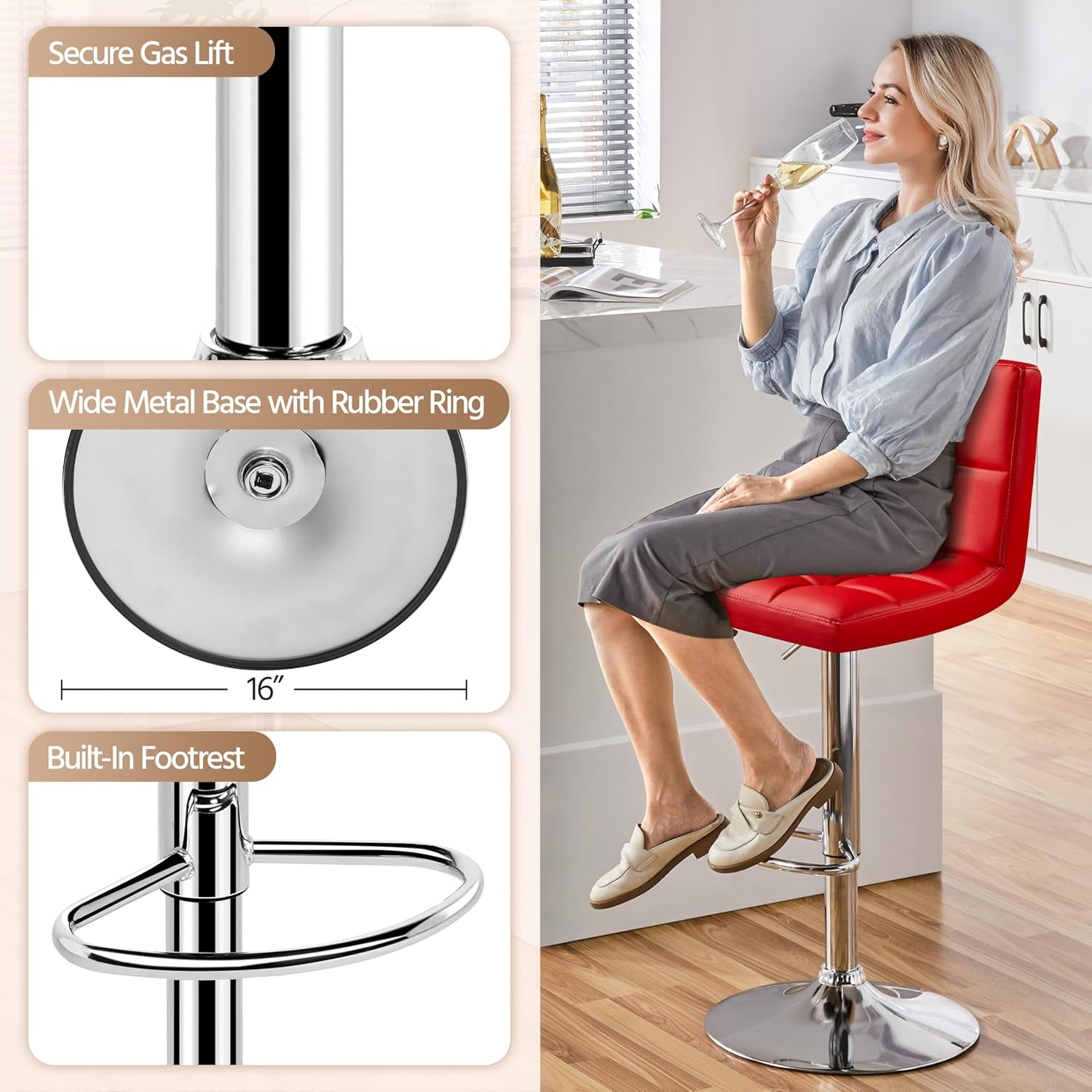 Red Adjustable PU Leather Swivel Bar Stools Set Of 2