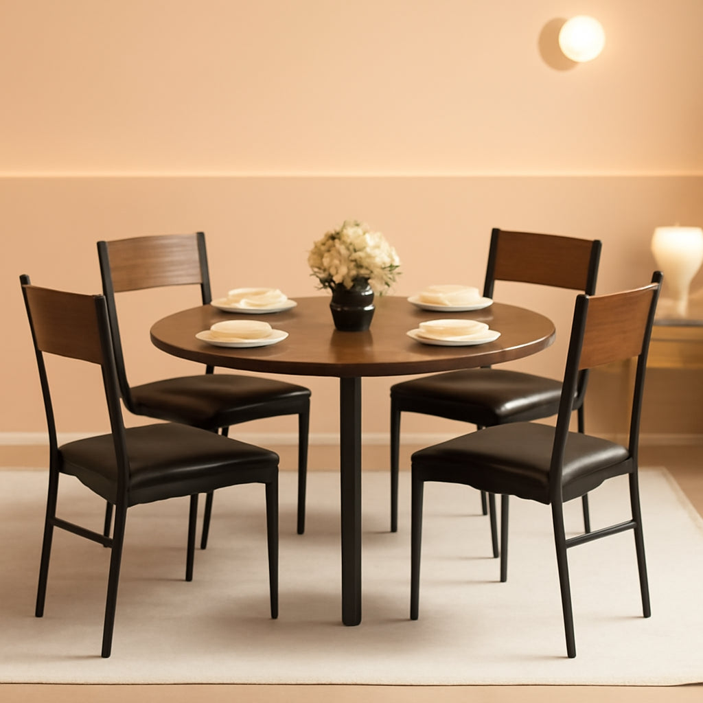 Round Dining Table Set For Four Walnut Wood Finish Metal