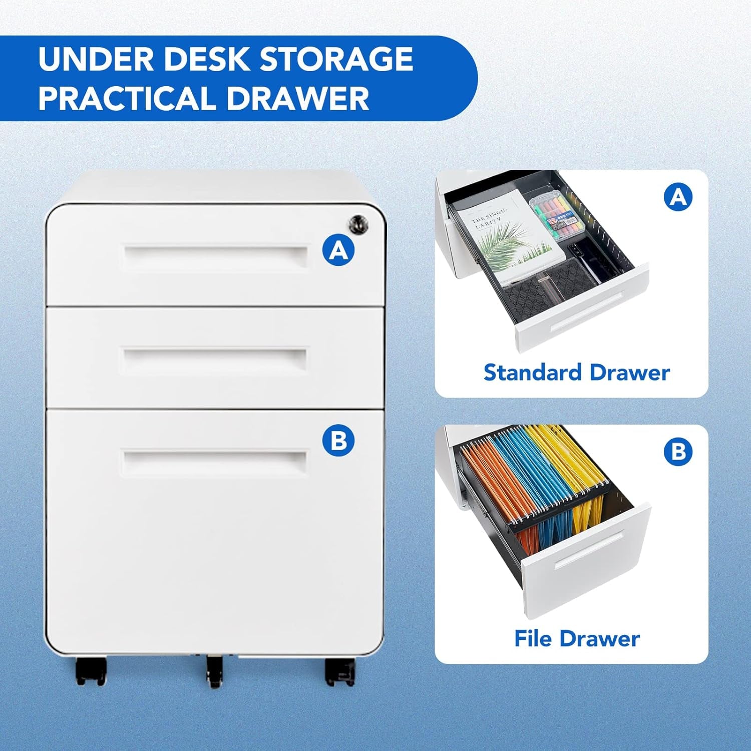 Mobile File Cabinet Home Office 3 Drawer White Under Desk