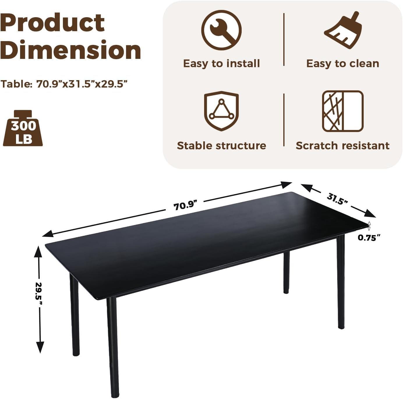 70 Inch Black Solid Oak Dining Table For 6 To 8 People