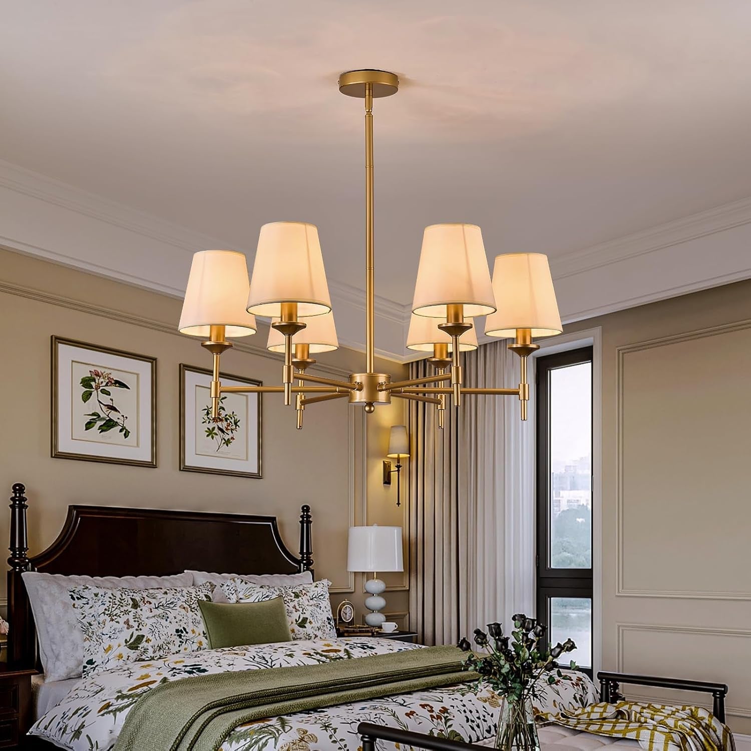 Gold Farmhouse Chandelier 6 Light Fixture with Linen Shades-4