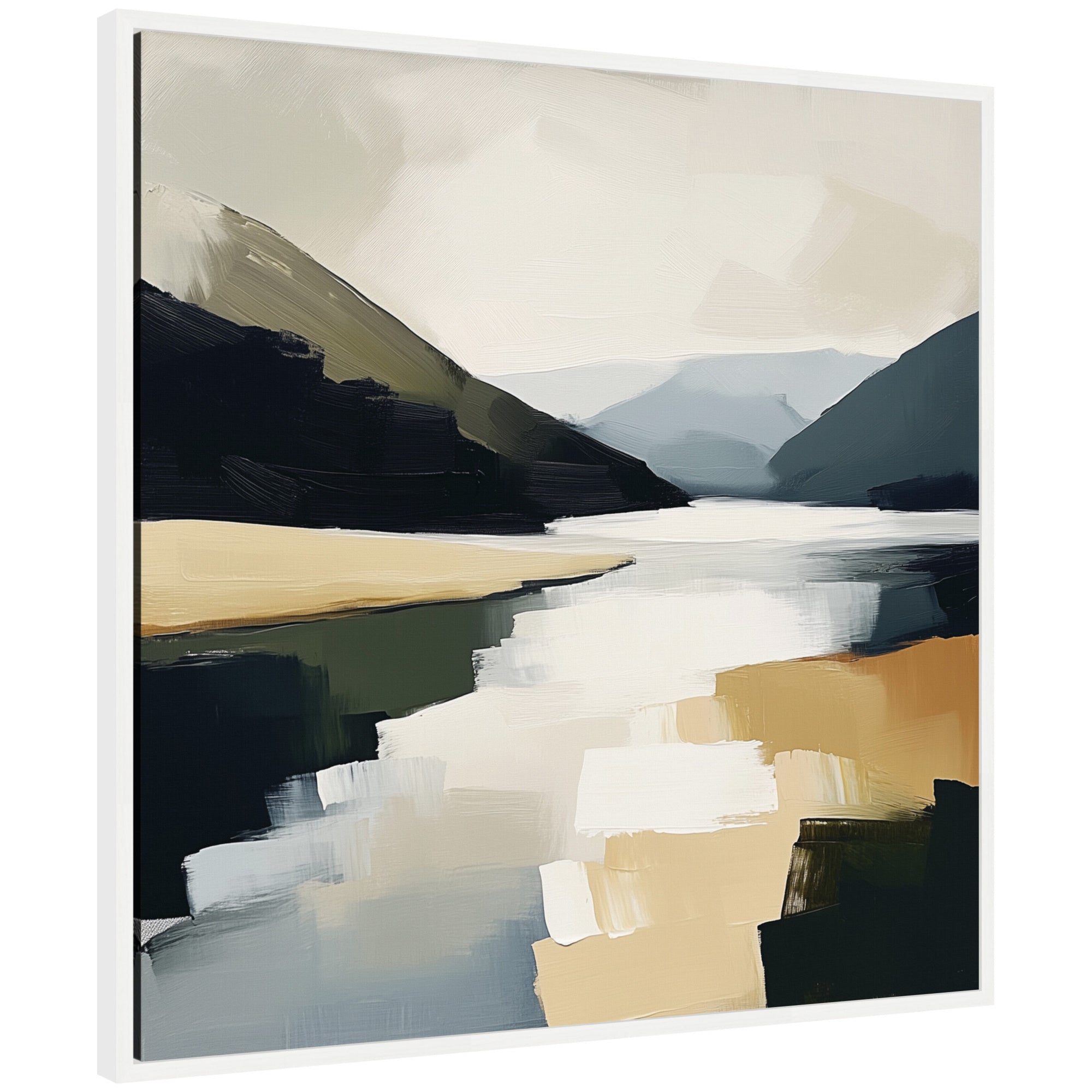 Sylvie Mountain Lake Modern Abstract Landscape Framed Canvas by The Creative Bunch Studio