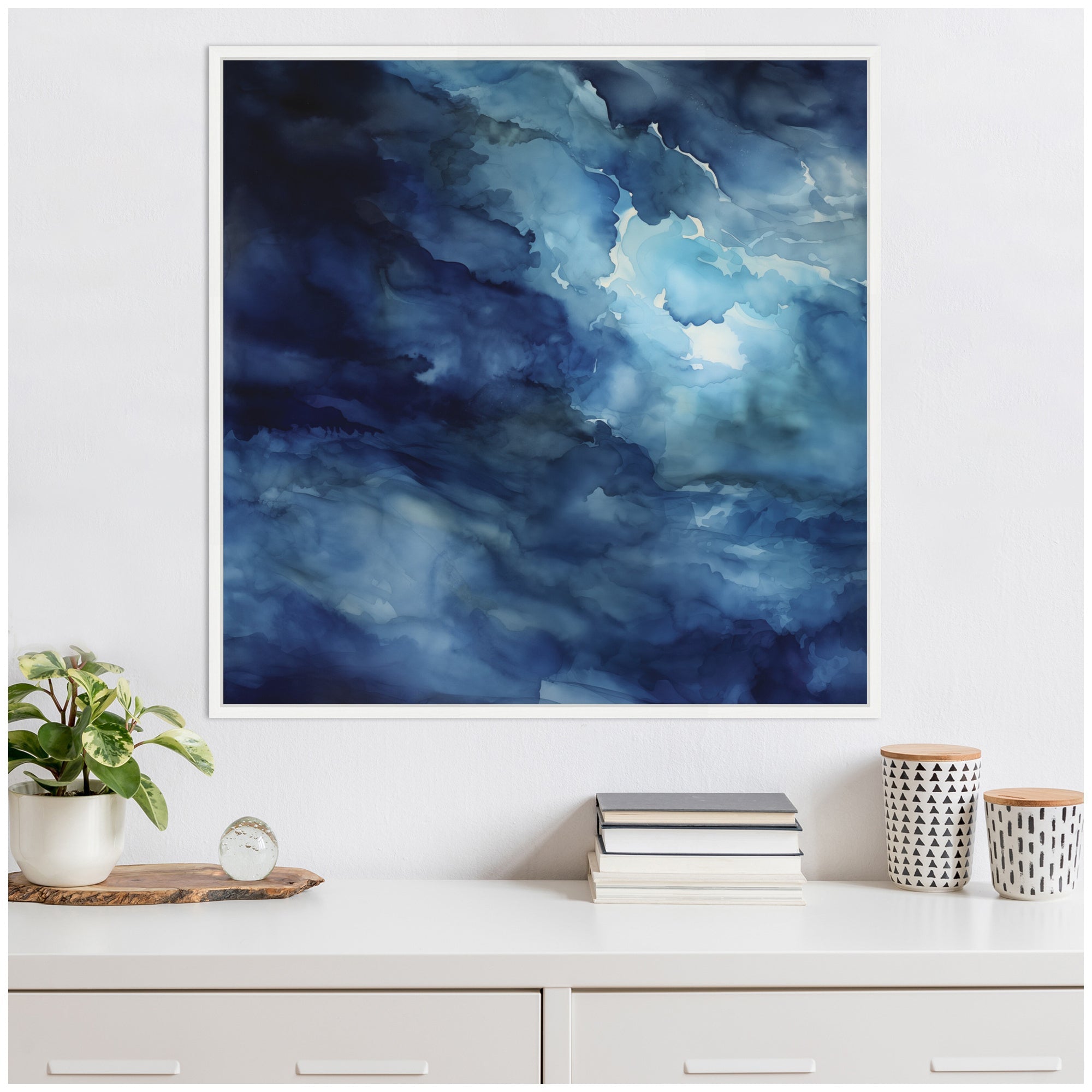 Sylvie Rich Blue Watery Abstract Framed Canvas by The Creative Bunch Studio