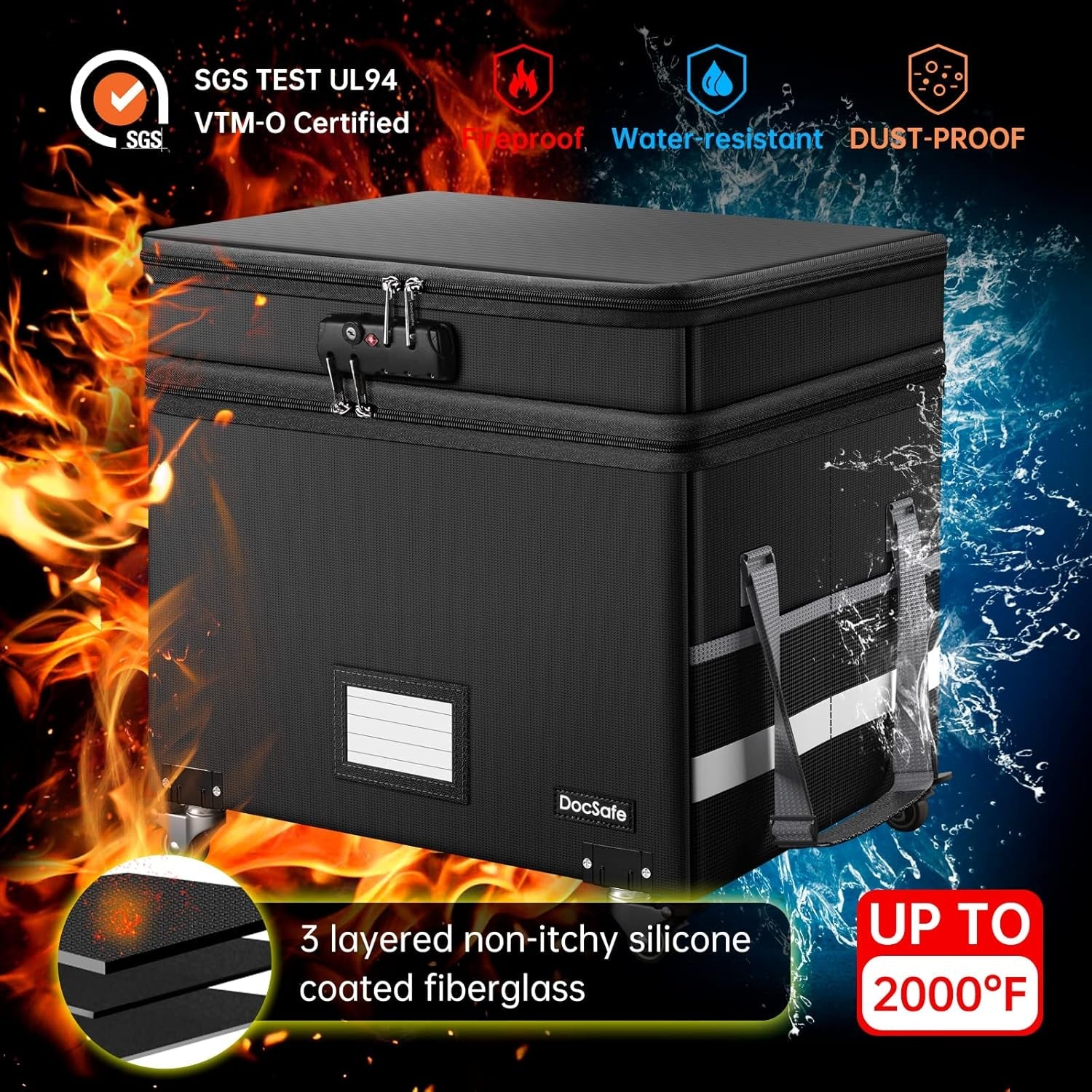 Fireproof File Box With Lock Wheels Rolling Portable