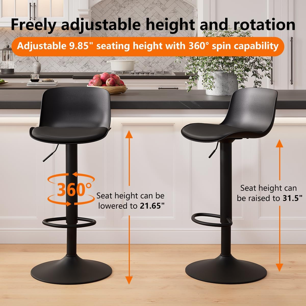 Adjustable Black Bar Stools Set of Two Modern