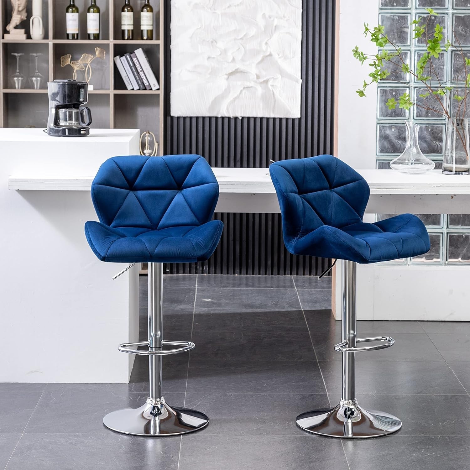 Velvet Diamond Tufted Swivel Barstools Blue Adjustable Height Set of 2