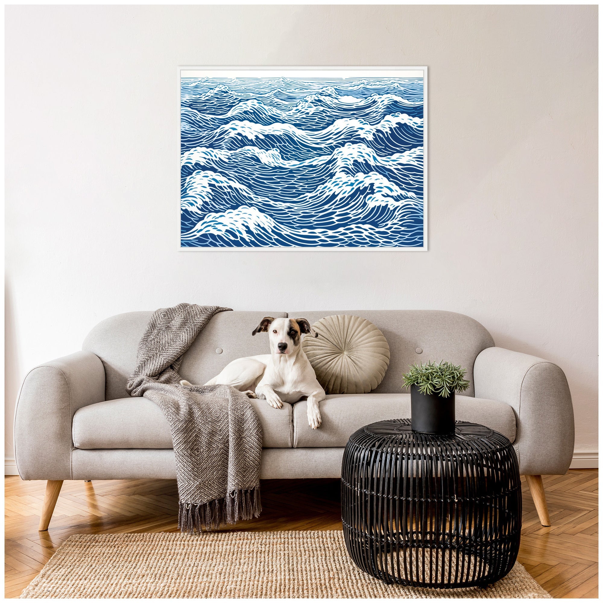 Sylvie Linocut Abstract Waves Blue and White Framed Canvas by The Creative Bunch Studio