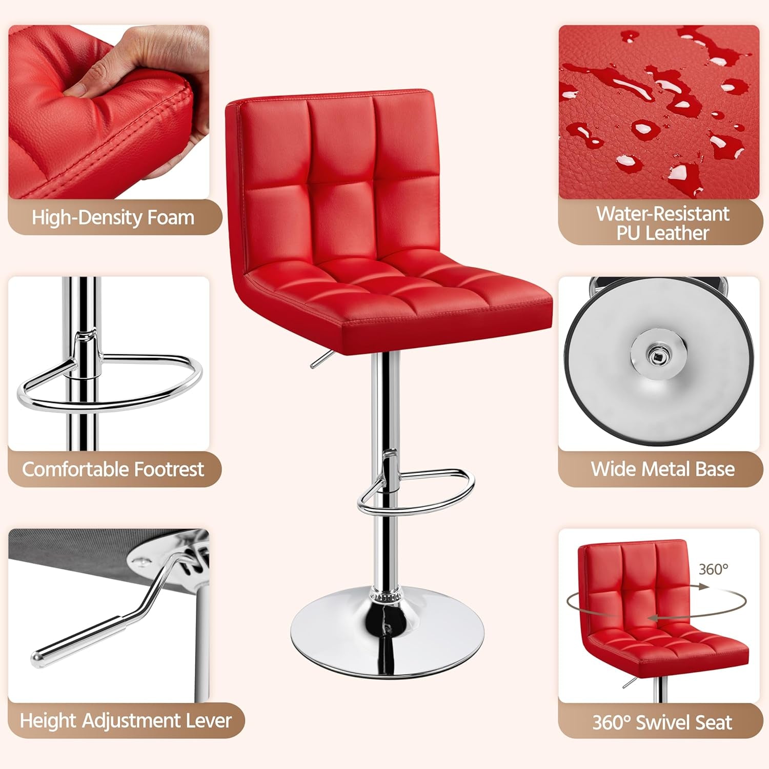 Red Adjustable PU Leather Swivel Bar Stools Set Of 2