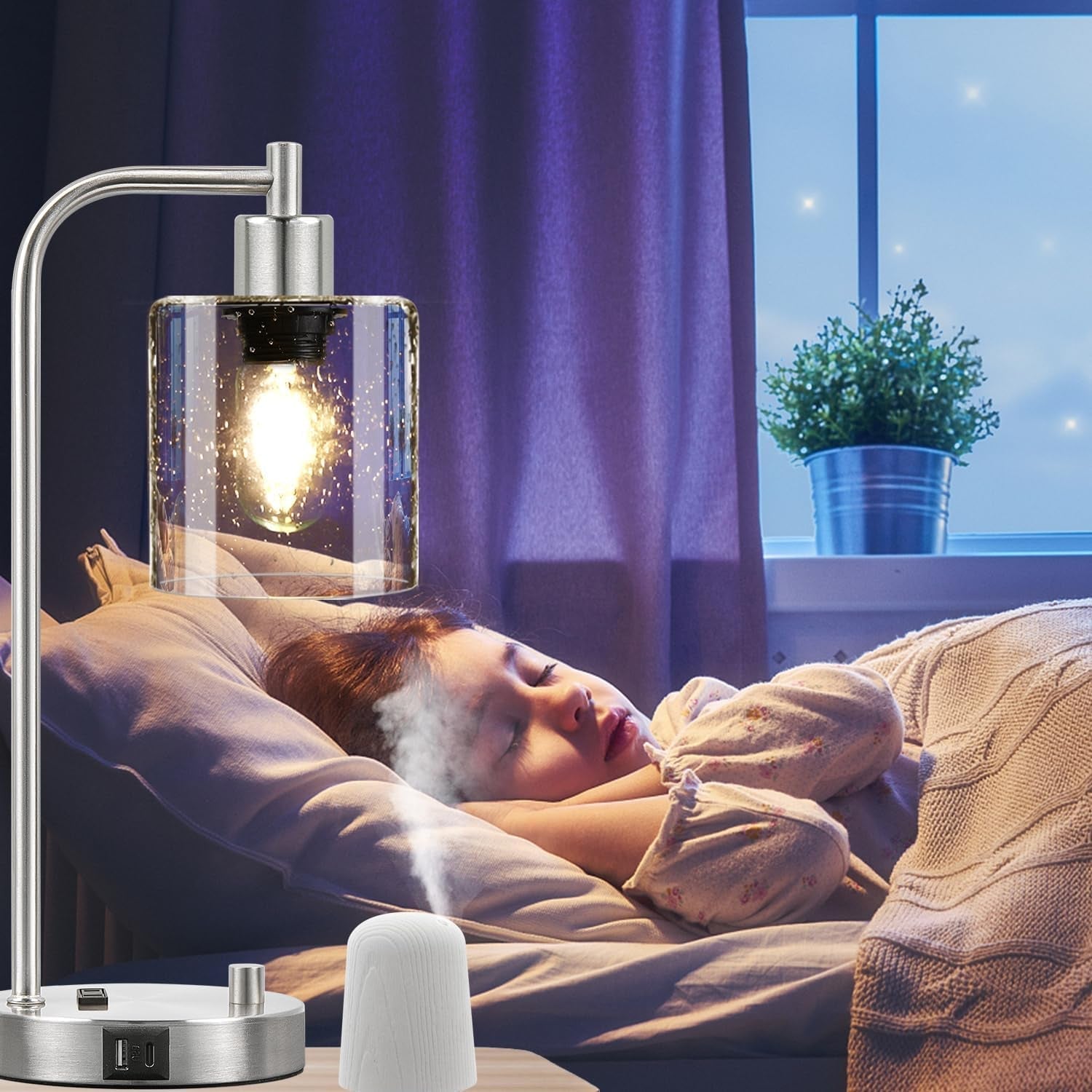 Set Of 2 Industrial Table Lamps With Glass Shade And Stepless Dimming