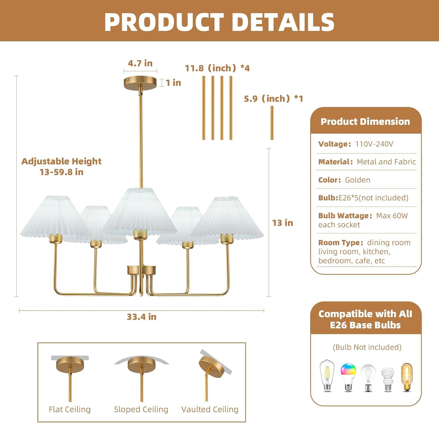 Golden Five Light Chandelier With Adjustable Height-3