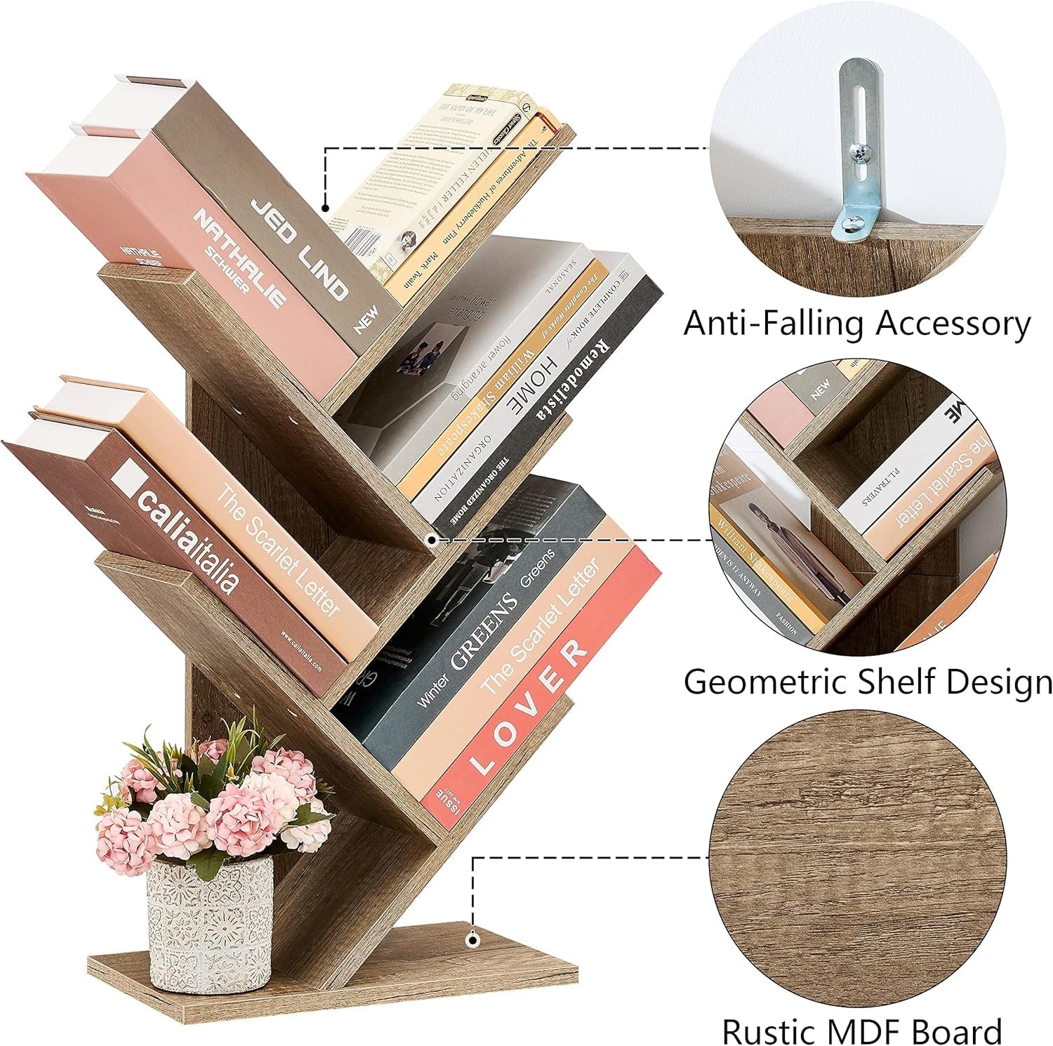 Greige 4 Tier Tree Bookshelf Modern Storage Bookcase