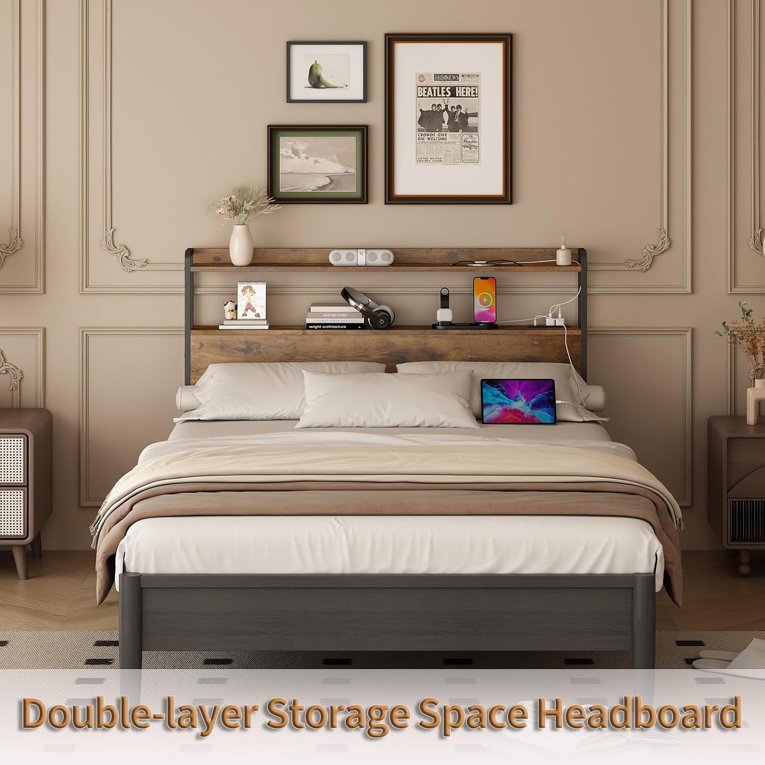 Adjustable Full Size Headboard with USB Ports and Storage