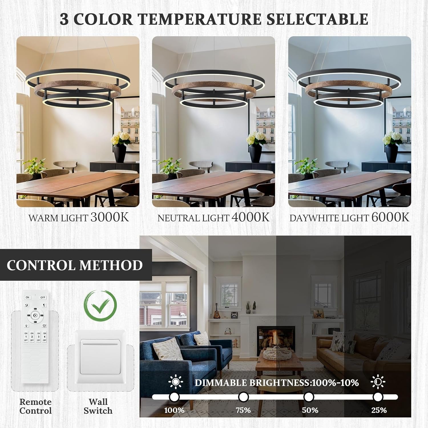 Ultra LED Chandelier Black Wood Three Ring Dimmable-3