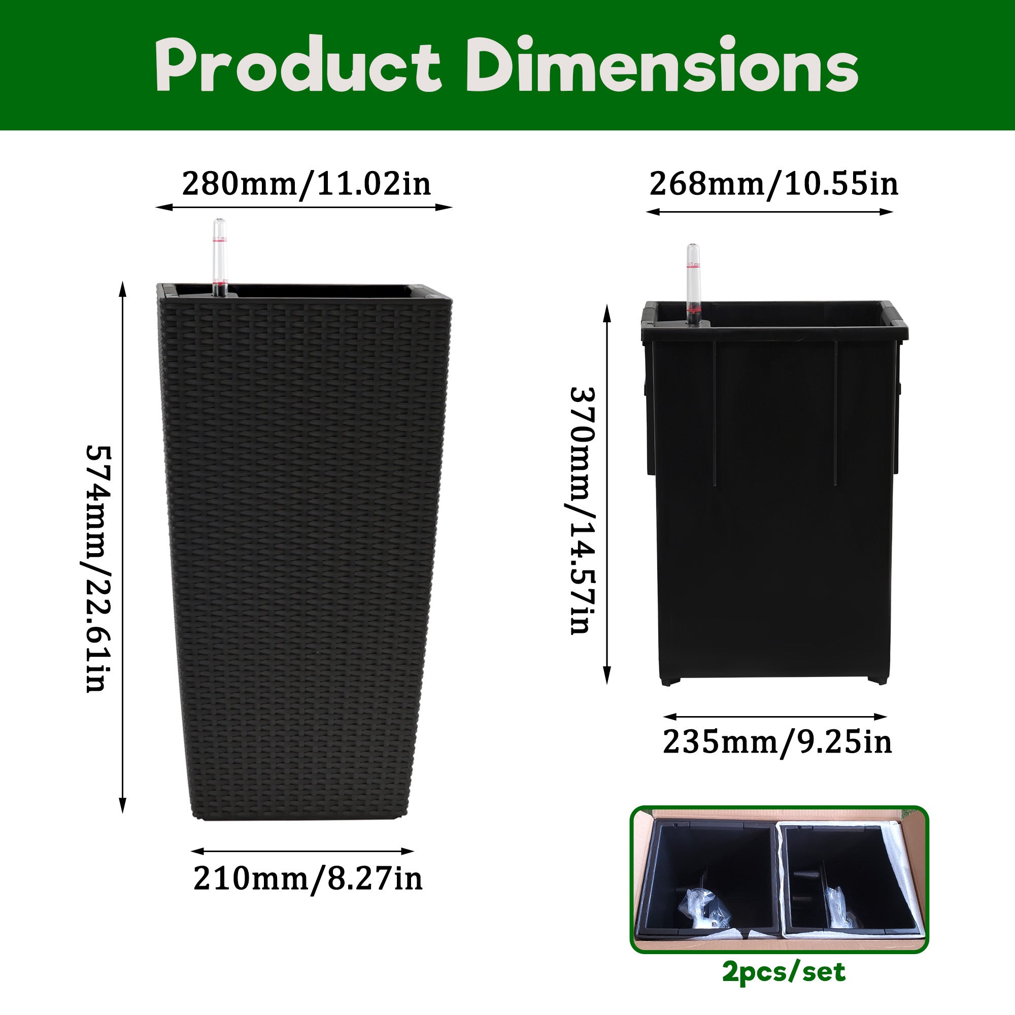 Pack of 2 Square Planters with Automatic Watering System