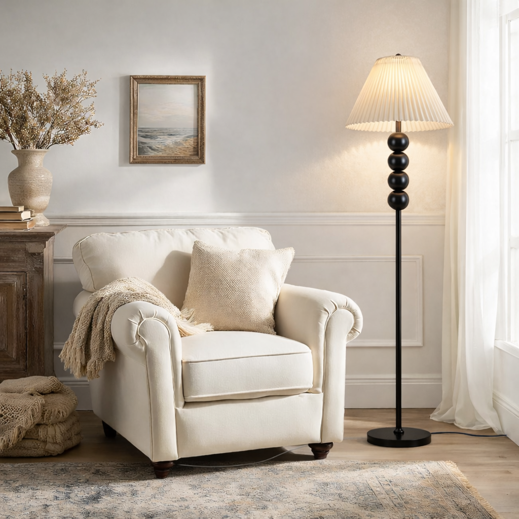 Mid Century Modern Wood Large Floor Lamp with Pleated Lampshade 65"H-0