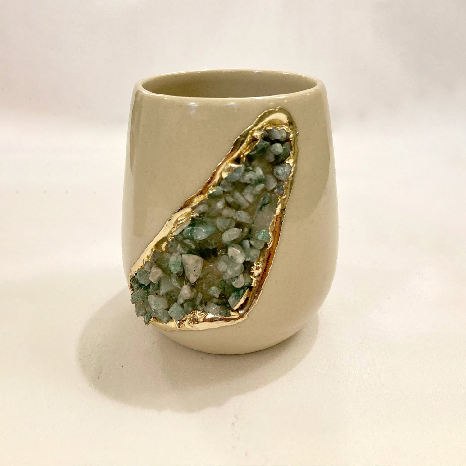 Cream and Gold Ceramic Vase/Planter/Pot/Wine Goblet/Mug with Light Green Semi-precious Agate Crystal Gemstones-4