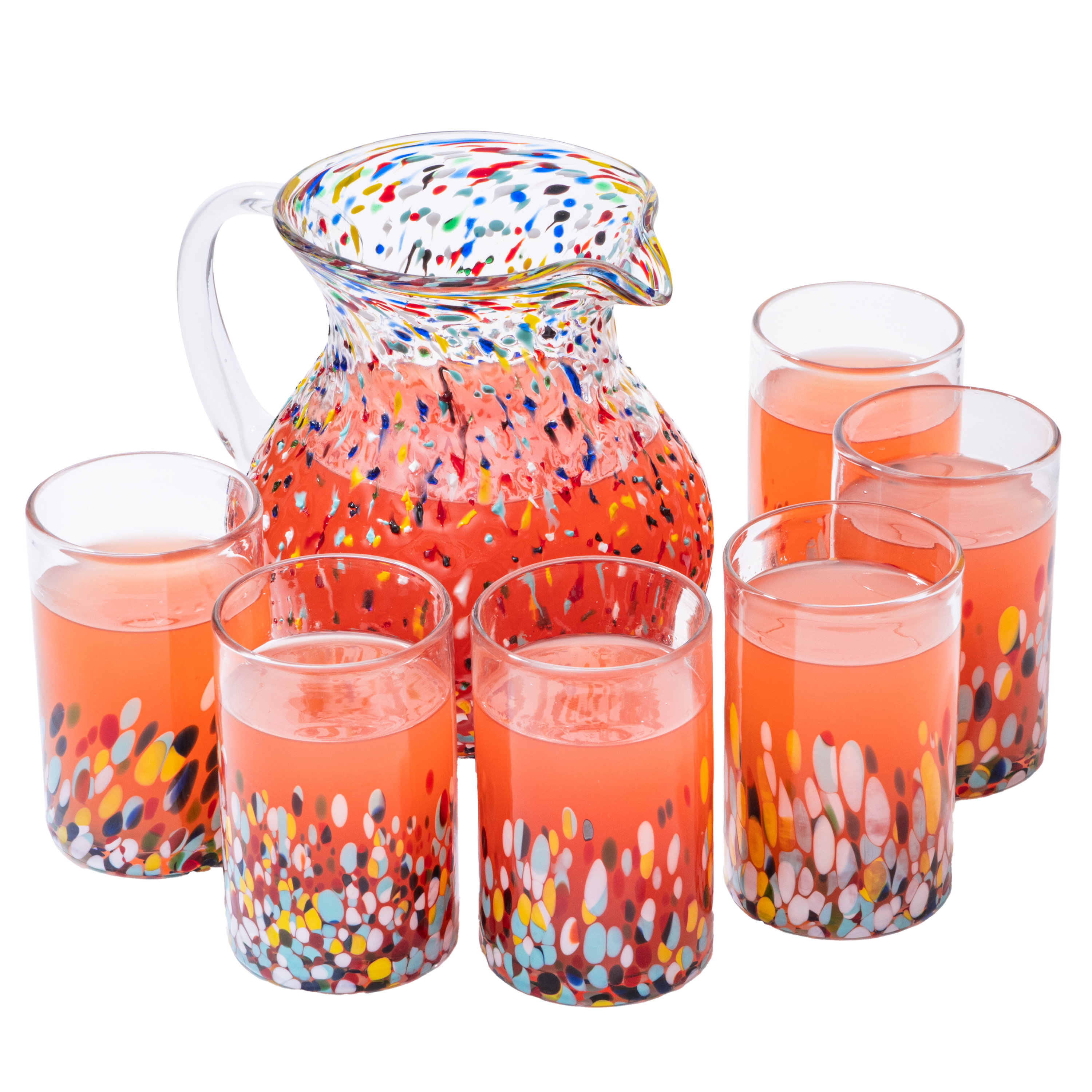 The Wine Savant Hand Blown Mexican Drinking Glasses and Pitcher – Set of 6 with Mexican Confetti Design (14 oz each) and Pitcher (84 Ounces) (Confetti)-0