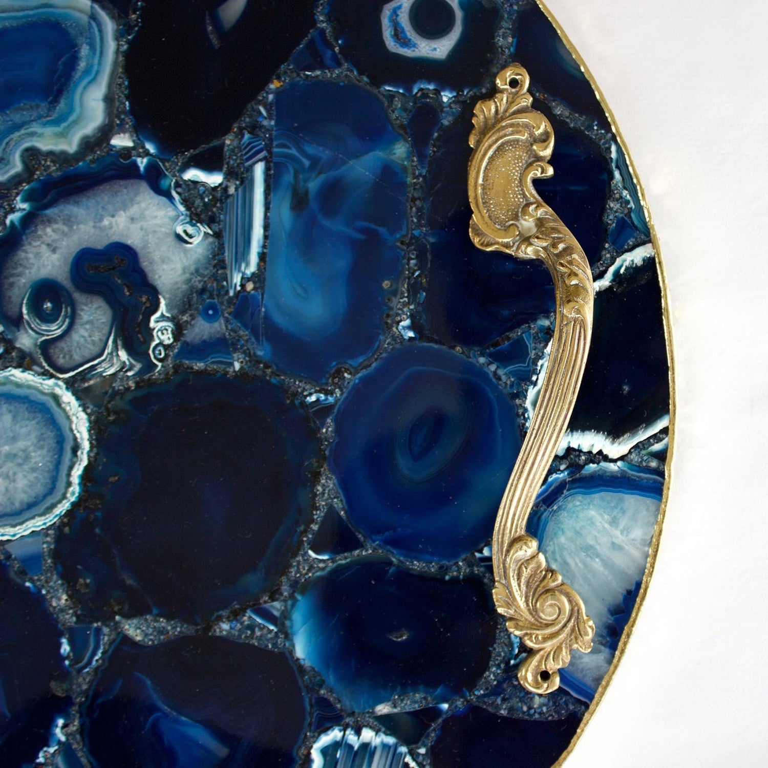 Blue Agate Serving Tray With Brass Handles | Circular-4