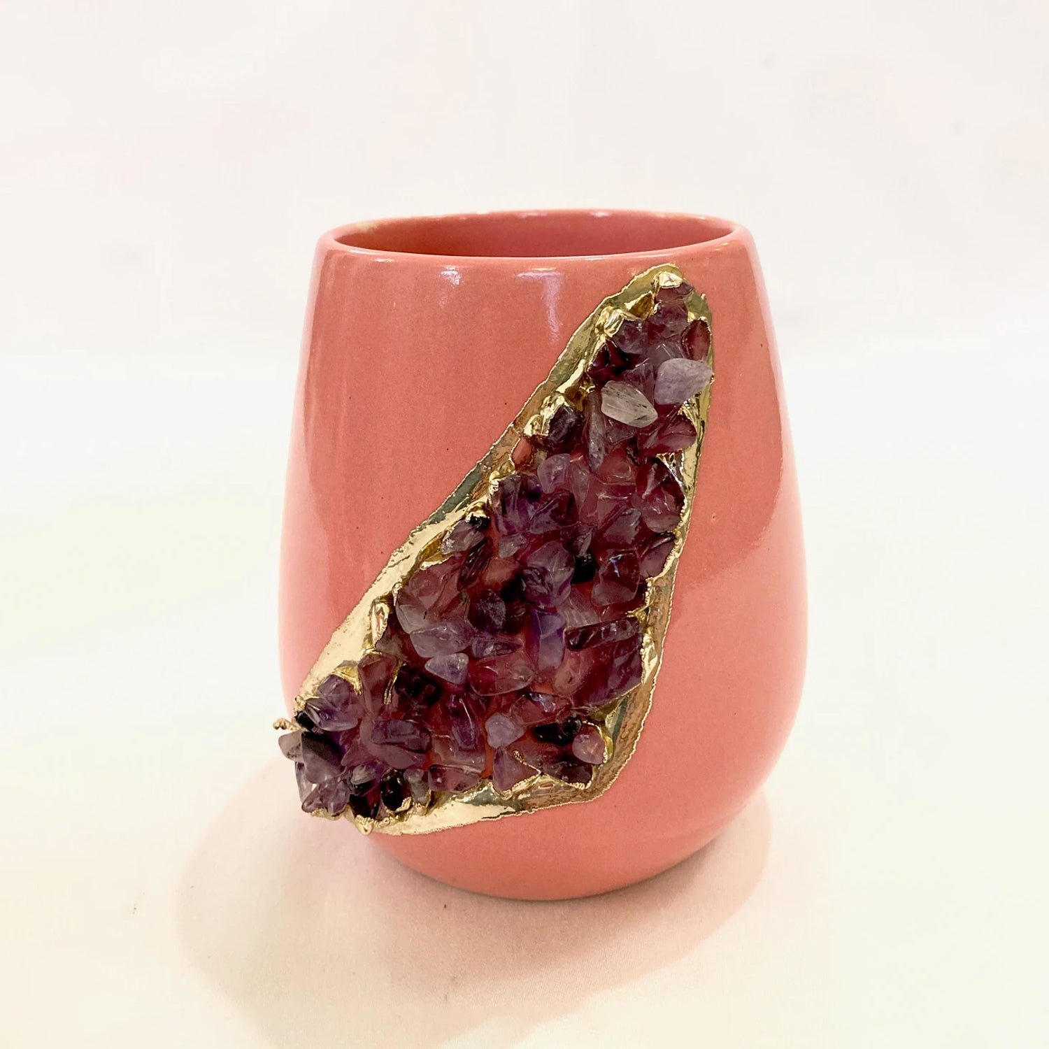 Pink and Gold Ceramic Vase/Planter/Pot/Wine Goblet/Mug with Purple Amethyst Semi-precious Agate Crystal Gemstones-4