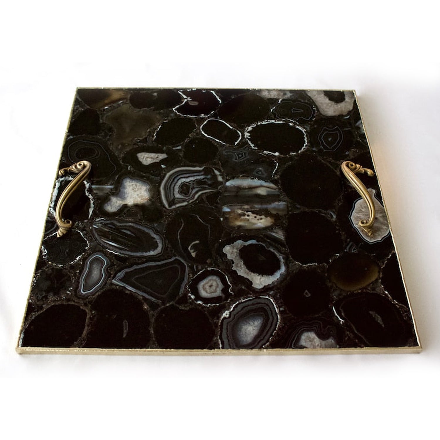 Black Agate Serving Tray With Brass Handles | Square-4