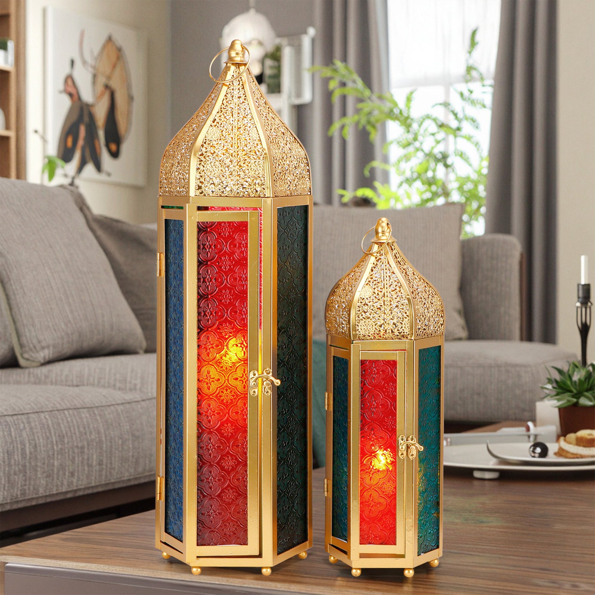 Set of 2 Decorative Ramadan Candle Lanterns - Metal, Tempered Glass, Hanging Tealight, Moroccan Style, Indoor/Outdoor Party Decor-3