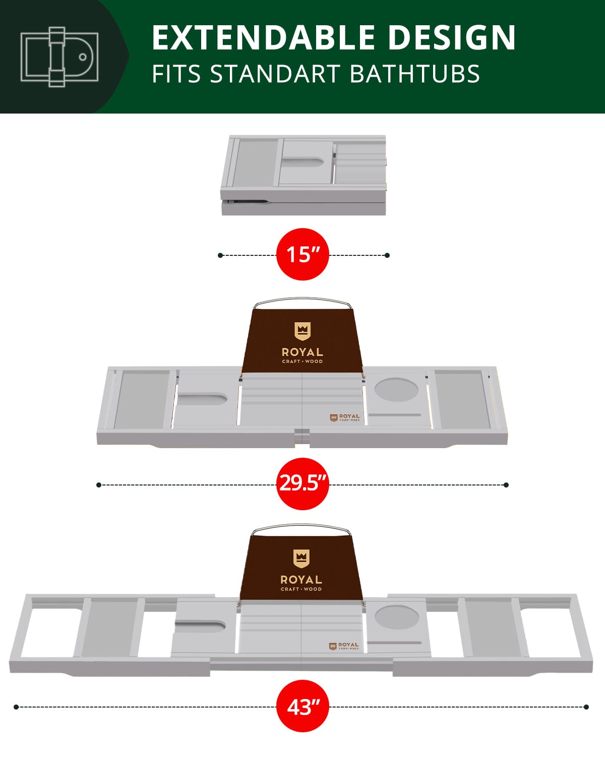 Bathtub Caddy Tray, Gray