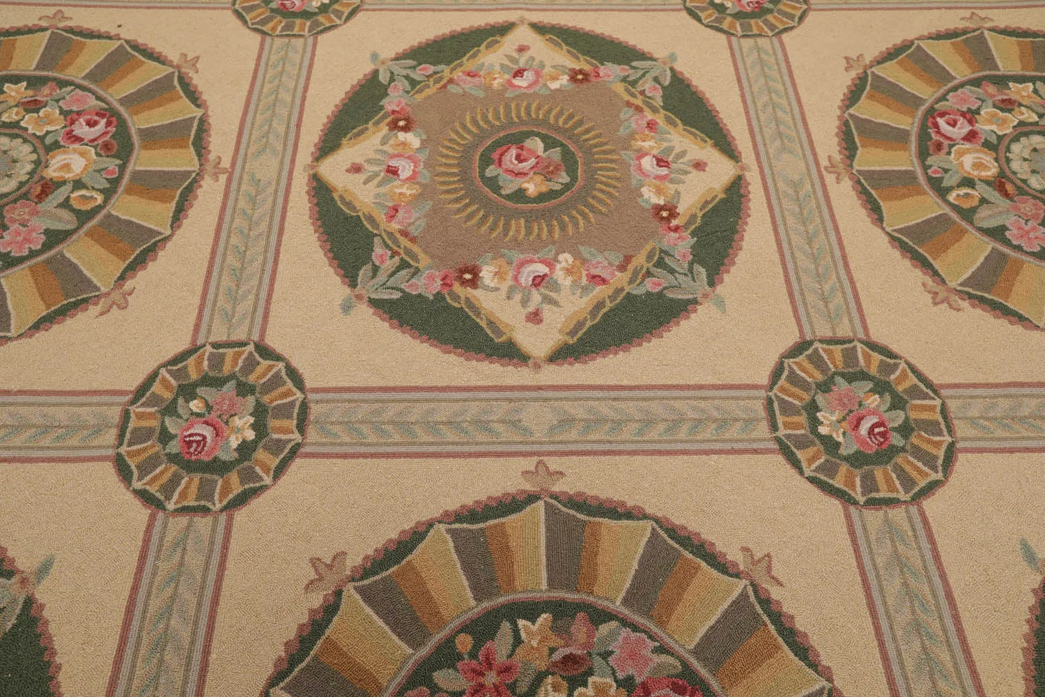 9x12 Beige Hand Hooked 100% Wool Traditional French Aubusson Oriental Area Rug