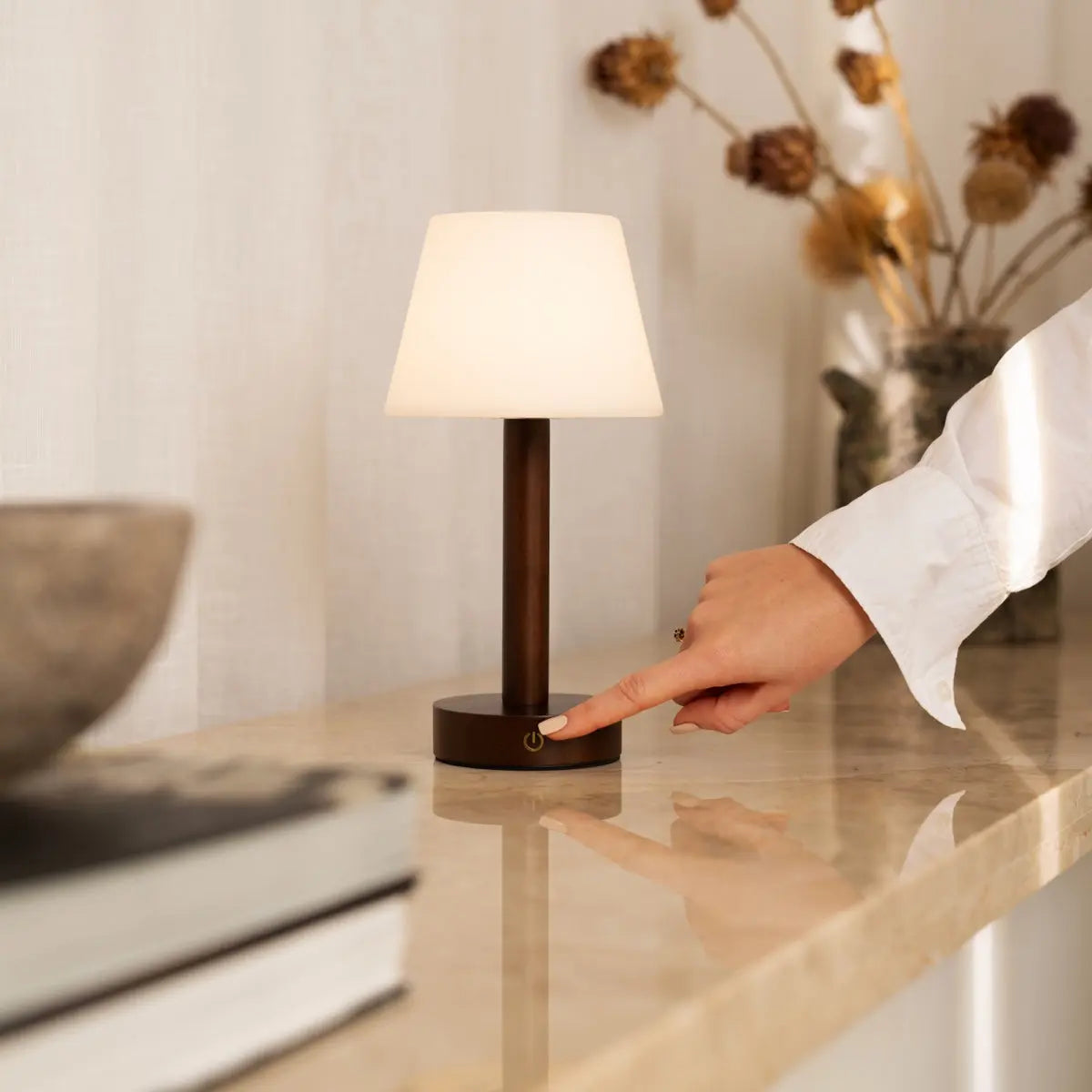 Zoë Dark Brown Wooden Rechargeable Table Lamp | Dimmable, USB-C, 80-Hour Battery-0