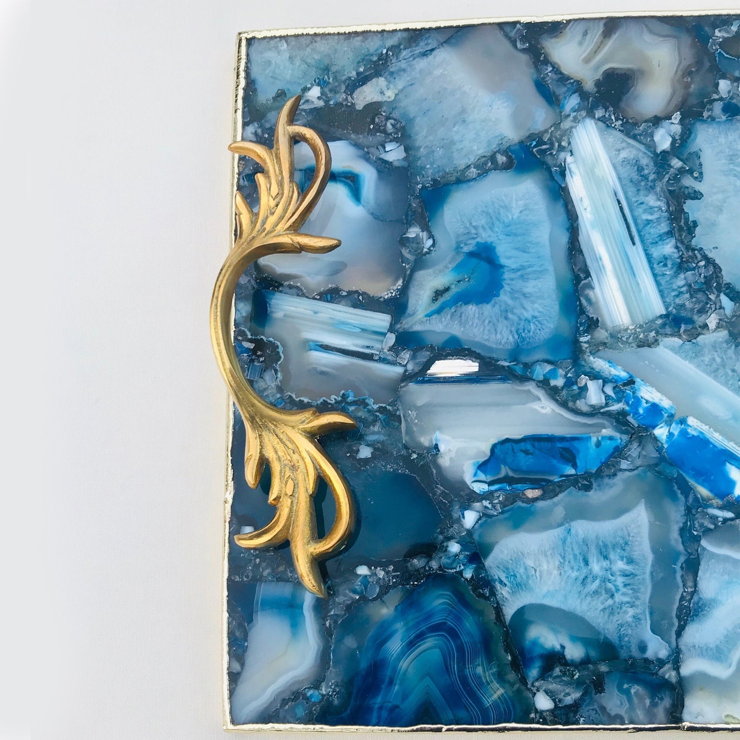 Blue Agate  Serving Tray With Brass Handles-4