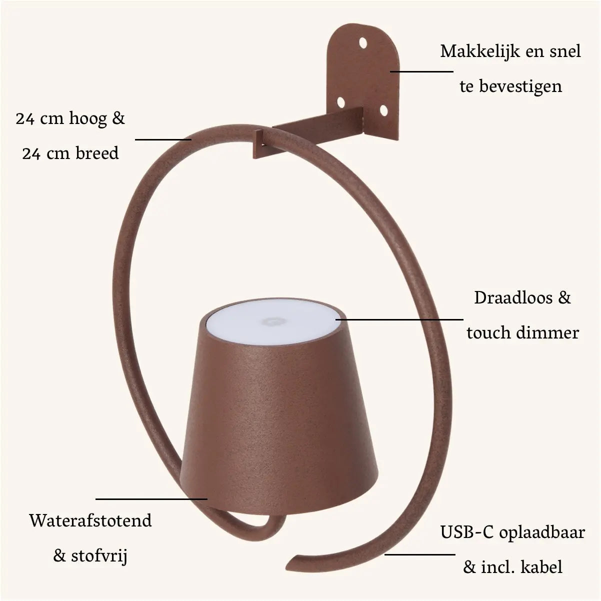 Cielo Dark Brown Rechargeable Metal Wall Lamp – Cordless, Dimmable, and Stylish-4