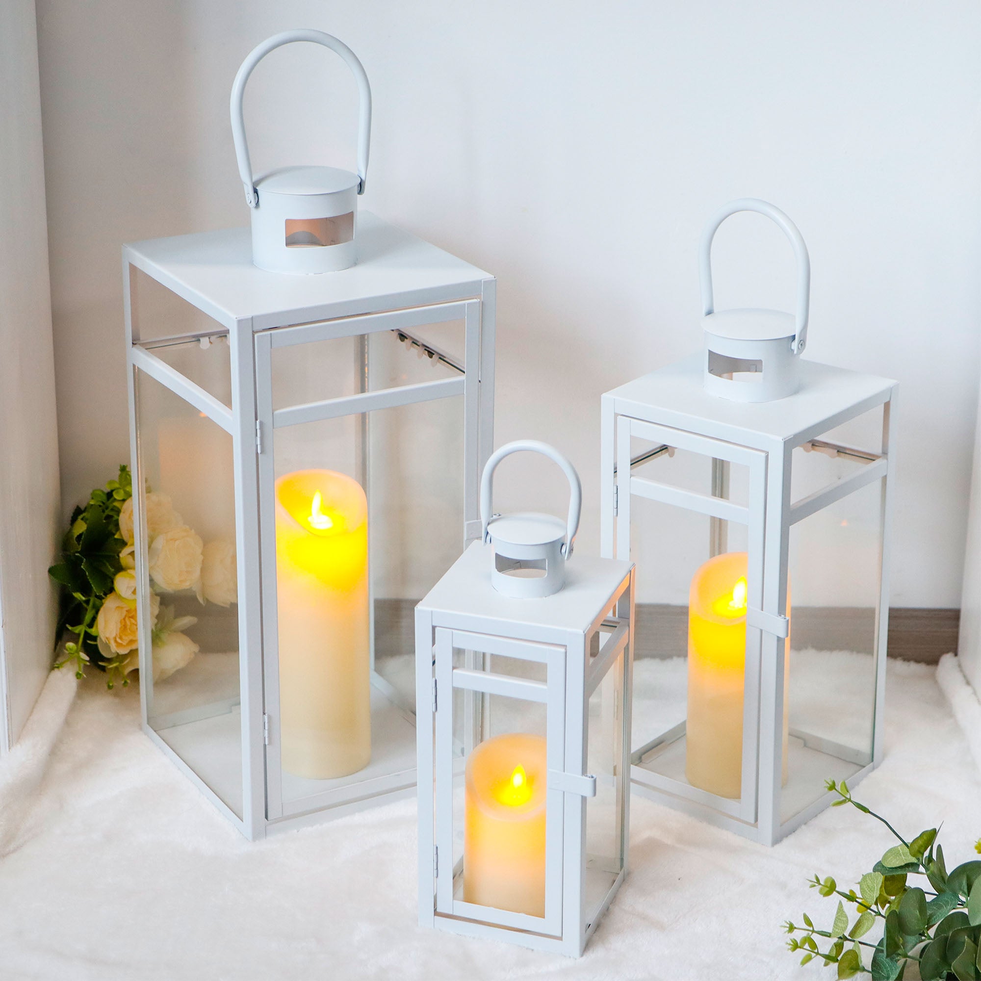 Metal Candle Lantern Set (3pcs, 12/15/19"): Tall Hanging, Tempered Panels, White (Indoor/Outdoor)-4