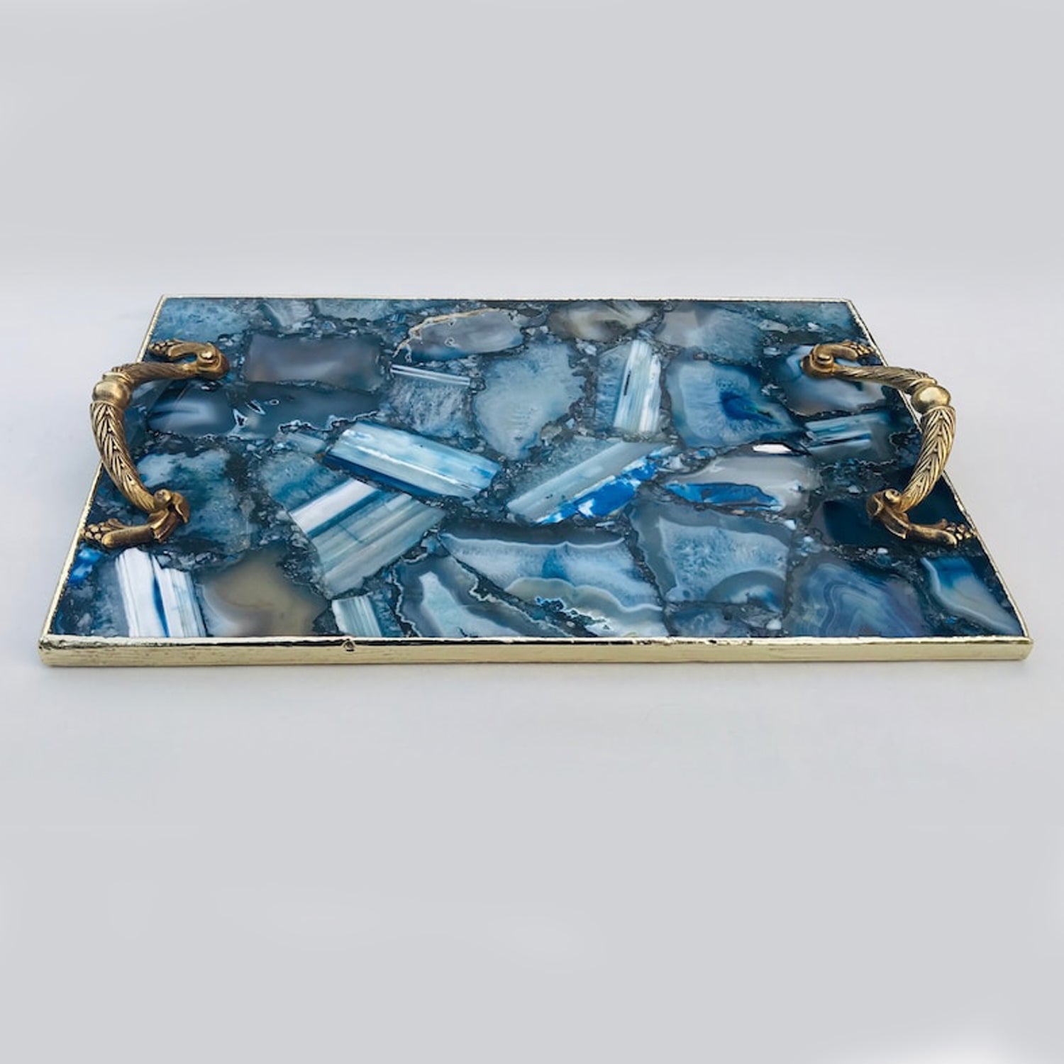 Blue Agate Serving Tray With Brass Handles-4