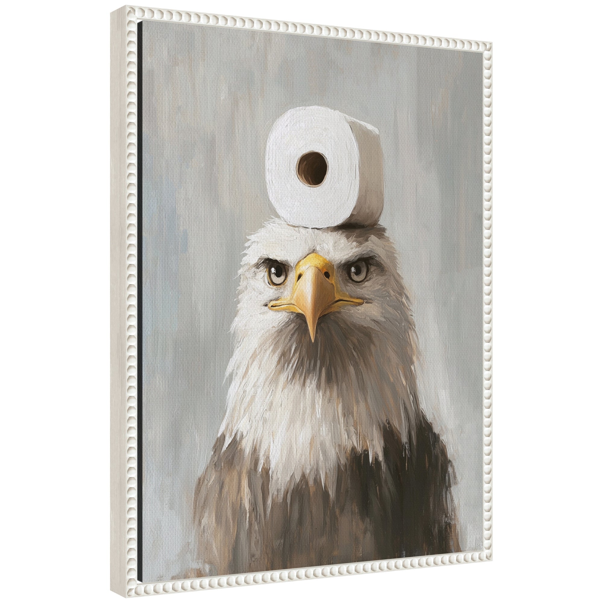 Sylvie Toilet Paper Roll on Bald Eagles Head Bathroom Art Framed Canvas by The Creative Bunch Studio