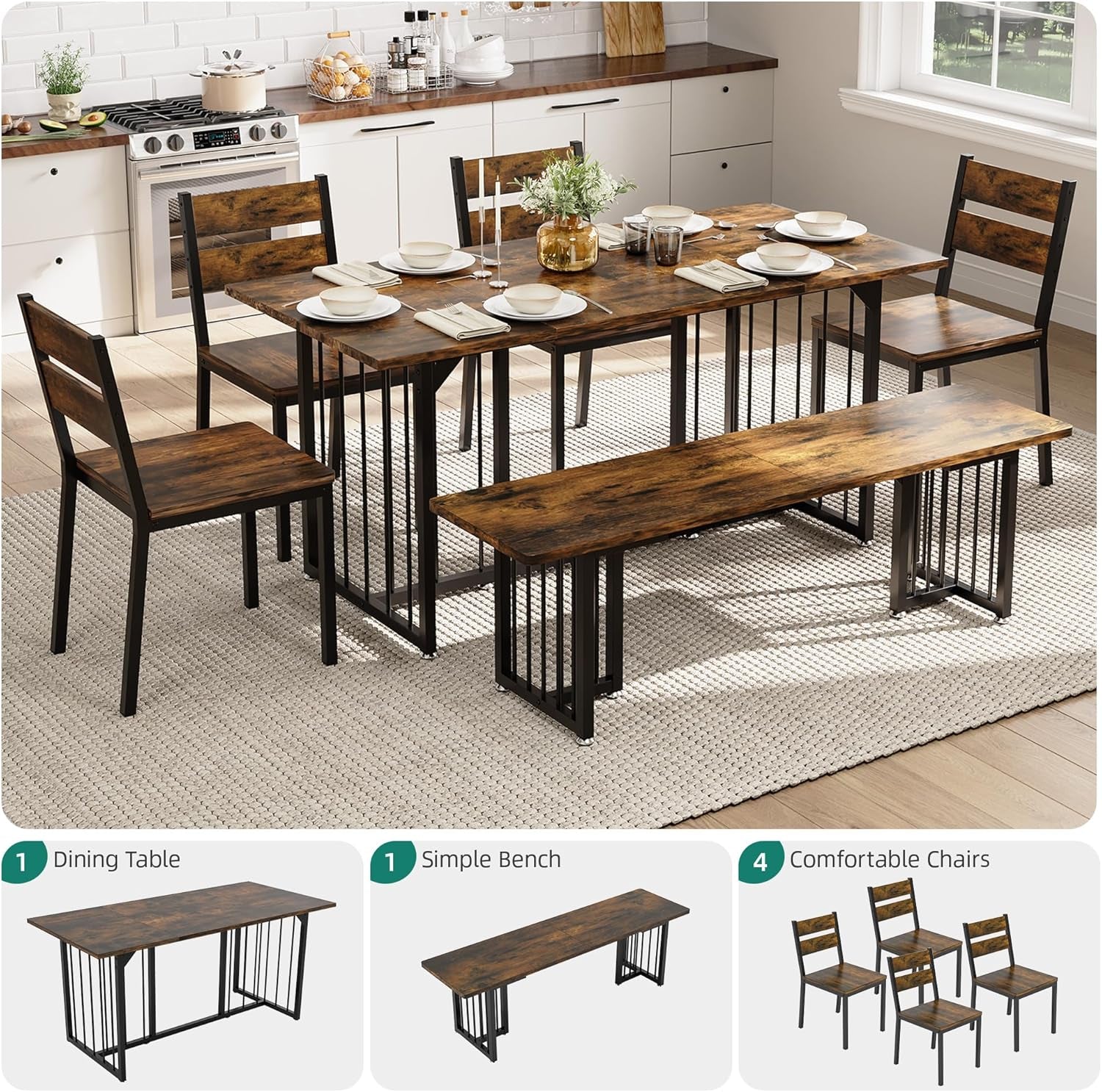 63 Inches Luxurious Farmhouse Dining Table Set Walnut