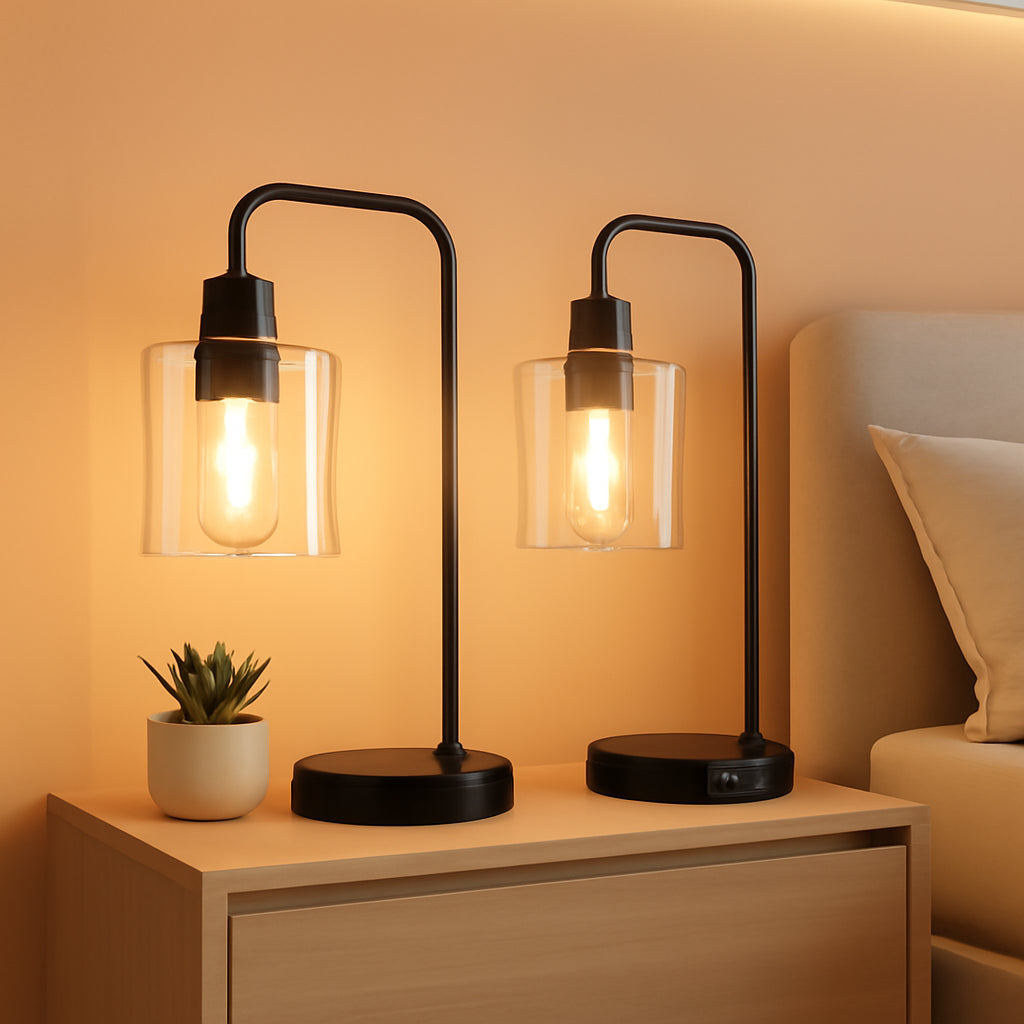 Black Industrial Touch Control Table Lamps With USB Ports