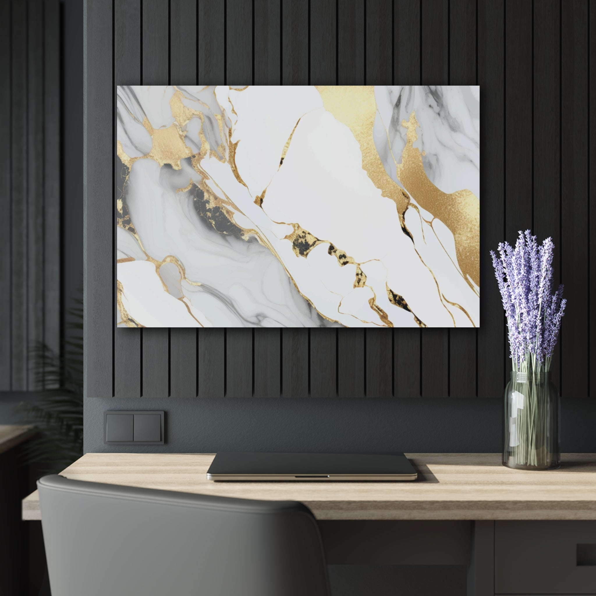 Gray marble with gold lines, paintings on black background