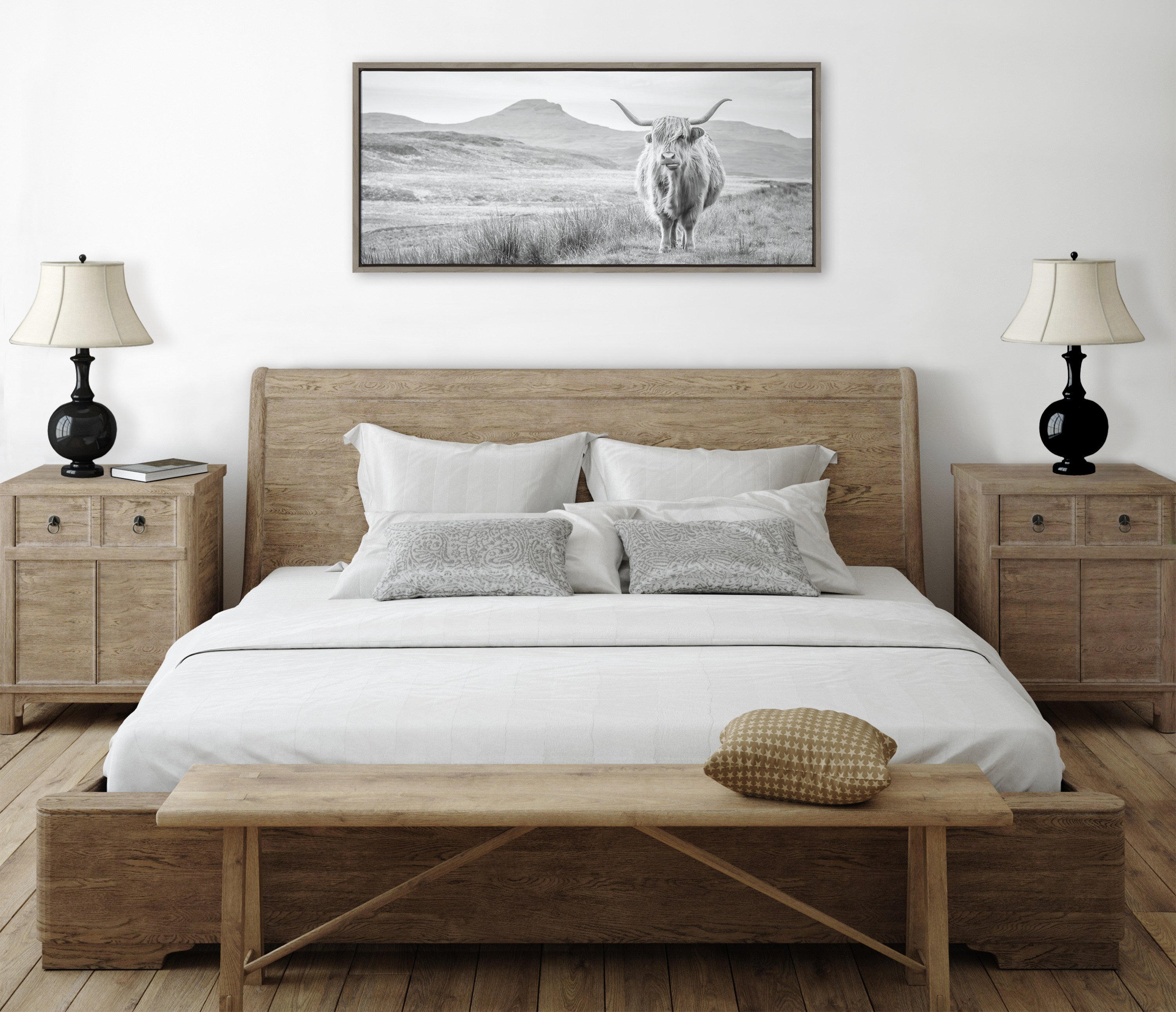 Sylvie Highland Cow Mountain Landscape Black and White Framed Canvas by The Creative Bunch Studio