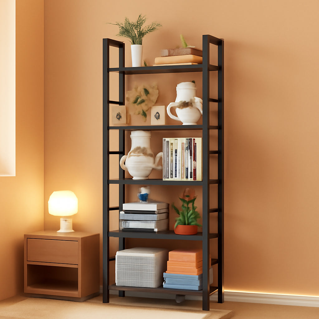 Black 5 Tier Bookcase Space Saving Tall Studio Home Office