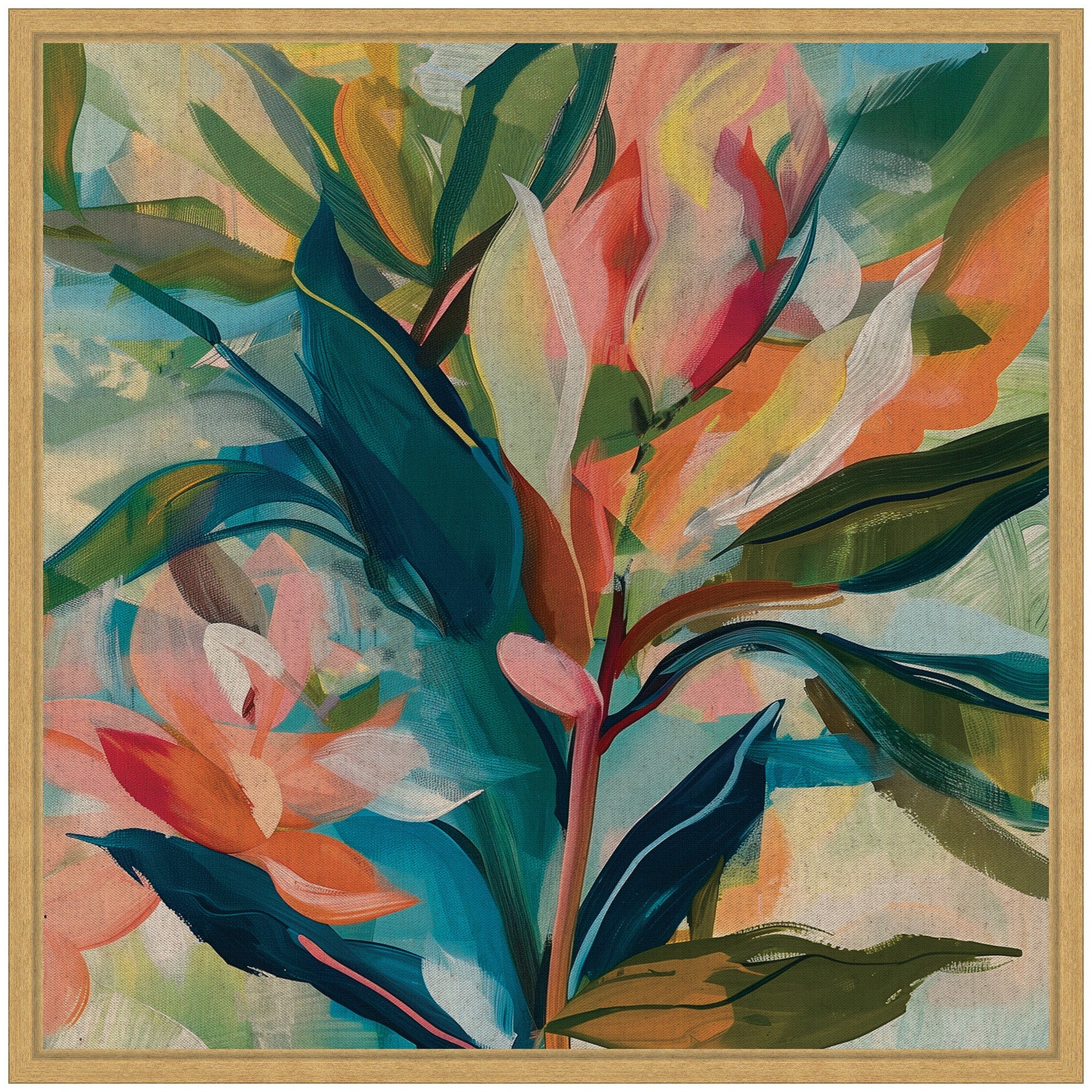 Sylvie Colorful Tropic Botanical Abstract Neutral Linen Framed Canvas by The Creative Bunch Studio