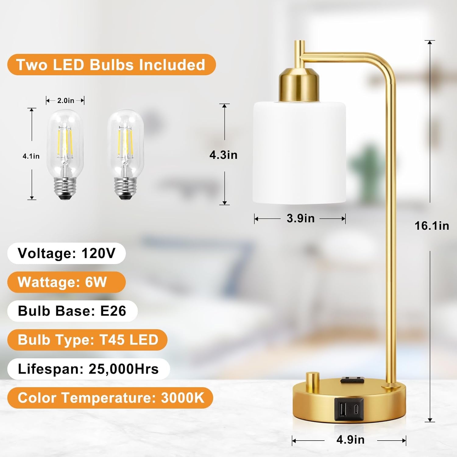 Industrial Table Lamps With USB Ports Dimmable Gold Shade