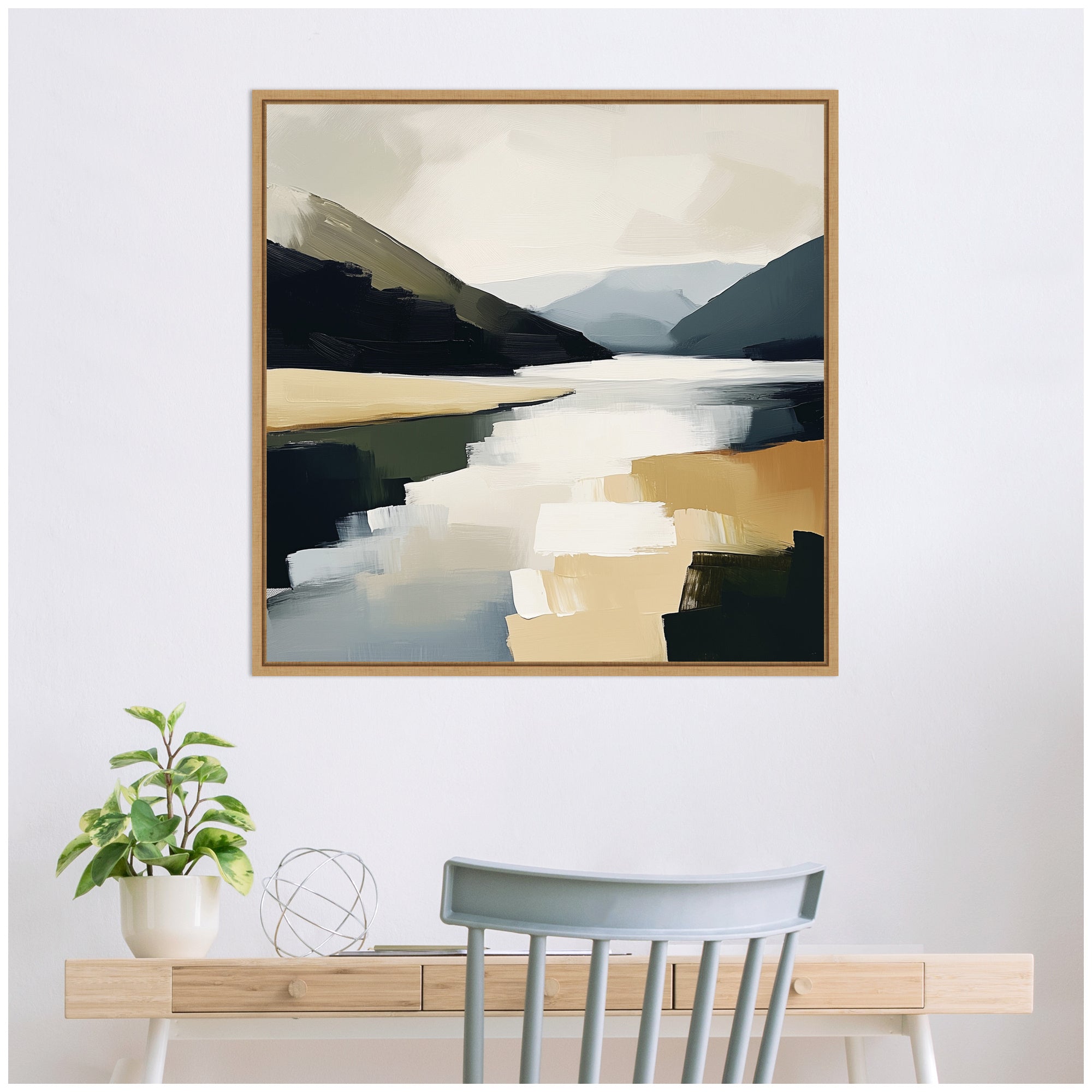Sylvie Mountain Lake Modern Abstract Landscape Framed Canvas by The Creative Bunch Studio