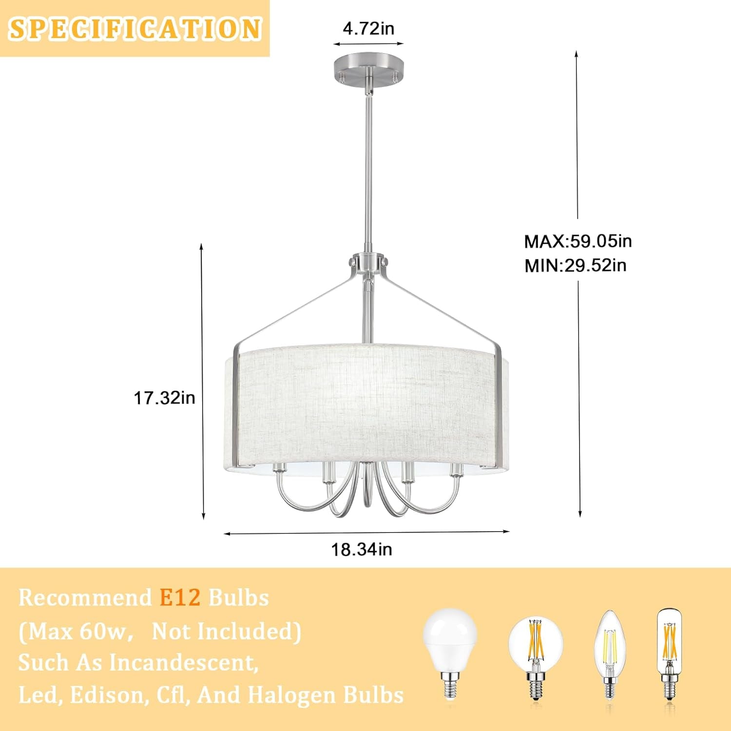 5 Light Drum Chandelier 18 Inch Brushed Nickel Fixture-3