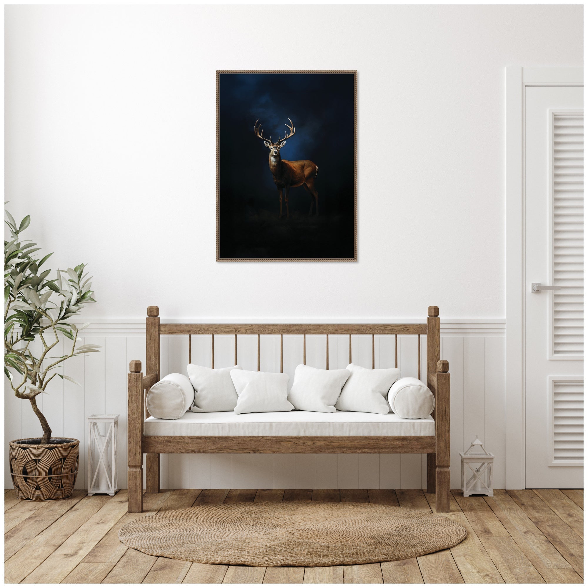Cobalt Night Sky Deer by The Creative Bunch Studio Framed Canvas Wall Art Print